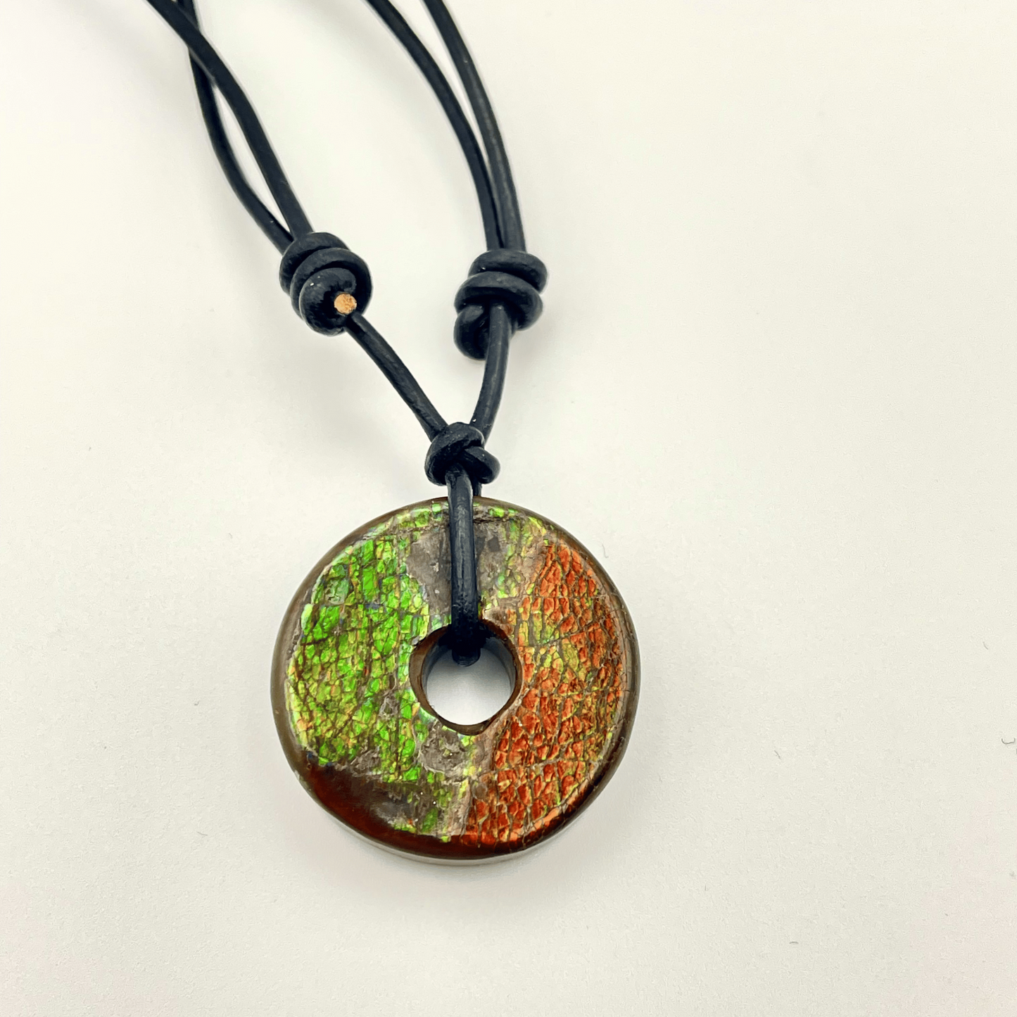 30x30mm Donut Ammolite "Canada’s Opal" Gemstone – Deep Green & Orange with Sliding Black Leather Cord Necklace