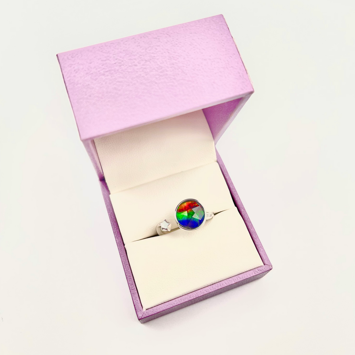 Canadian Faceted Ammolite Star Ring – Sterling Silver Adjustable Open Band – 9x9mm Blue Green Red Gem – Free Size Ammolite Jewelry