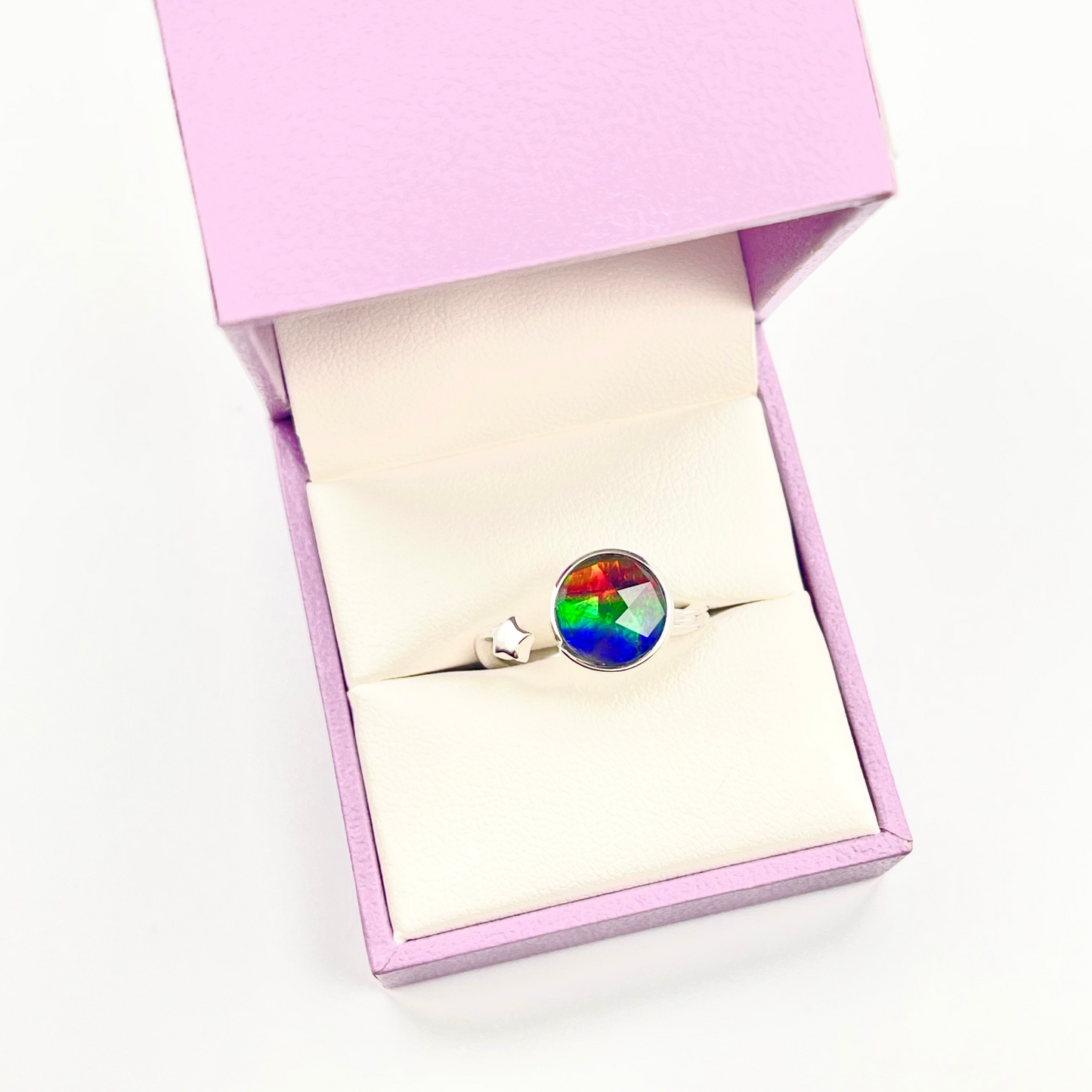Canadian Faceted Ammolite Star Ring – Sterling Silver Adjustable Open Band – 9x9mm Blue Green Red Gem – Free Size Ammolite Jewelry