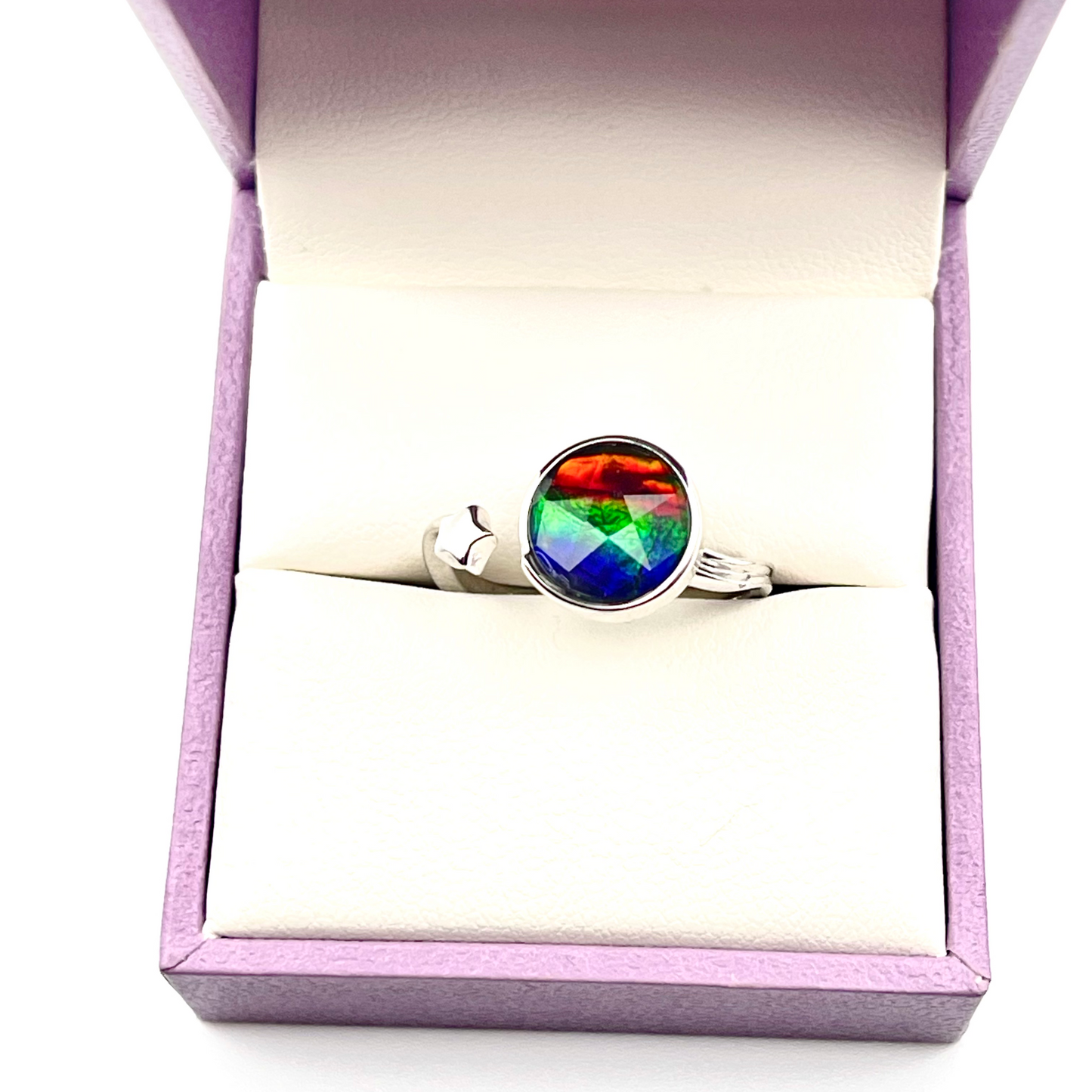 Canadian Faceted Ammolite Star Ring – Sterling Silver Adjustable Open Band – 9x9mm Blue Green Red Gem – Free Size Ammolite Jewelry