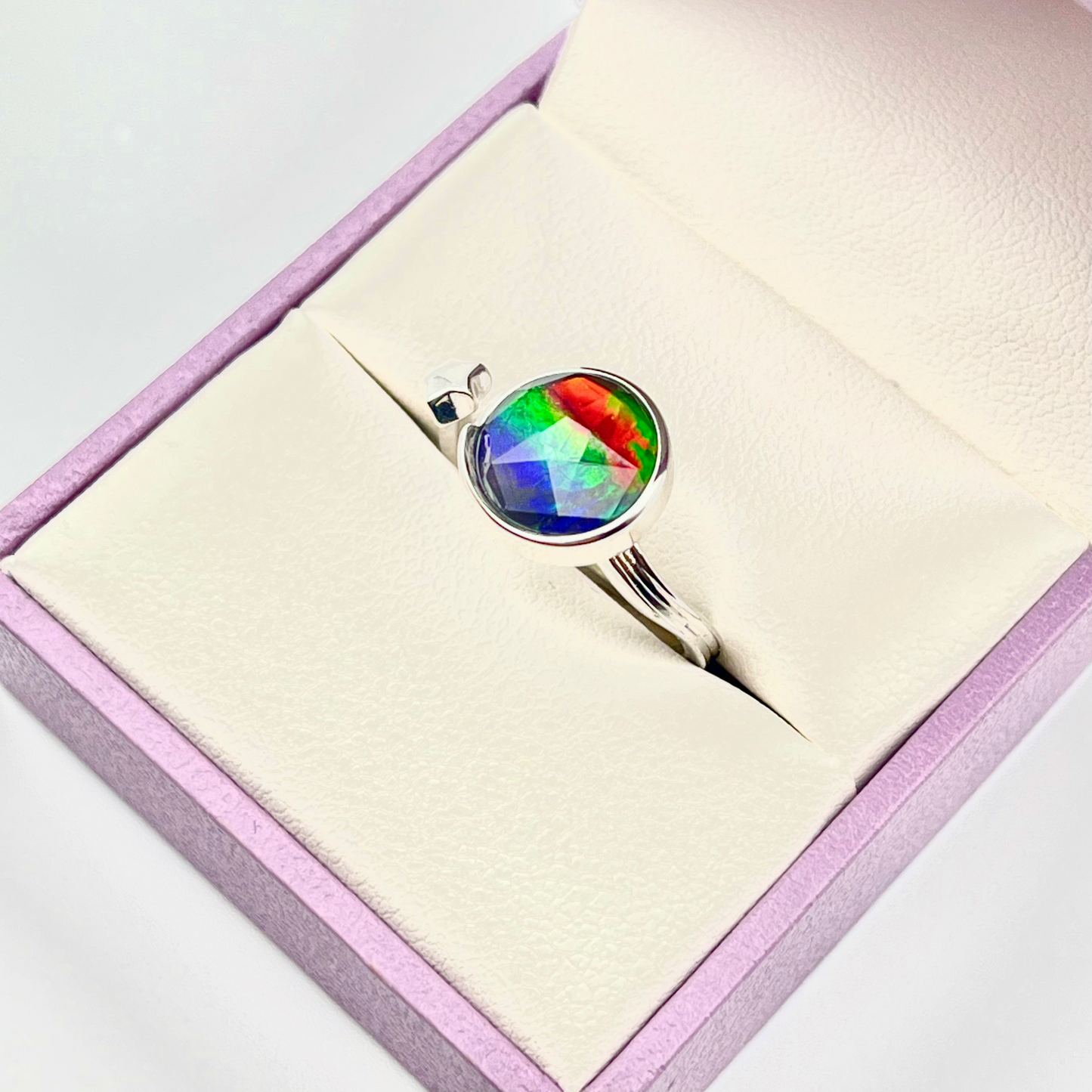 Canadian Faceted Ammolite Star Ring – Sterling Silver Adjustable Open Band – 9x9mm Blue Green Red Gem – Free Size Ammolite Jewelry