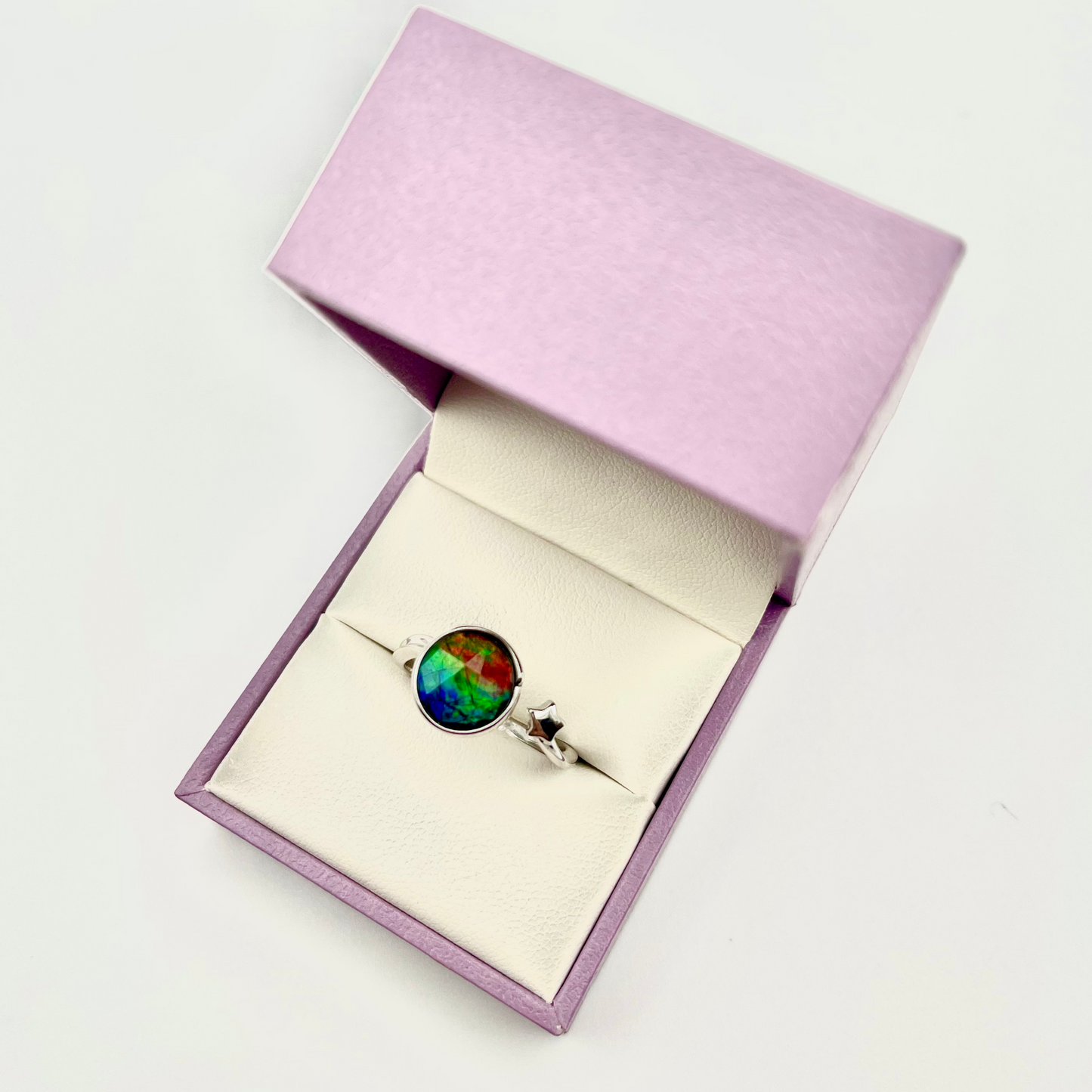 Sterling Silver Faceted Ammolite Star Ring – Adjustable Open Band – 9x9mm Blue Green Red Gem – Canadian Free Size Jewelry