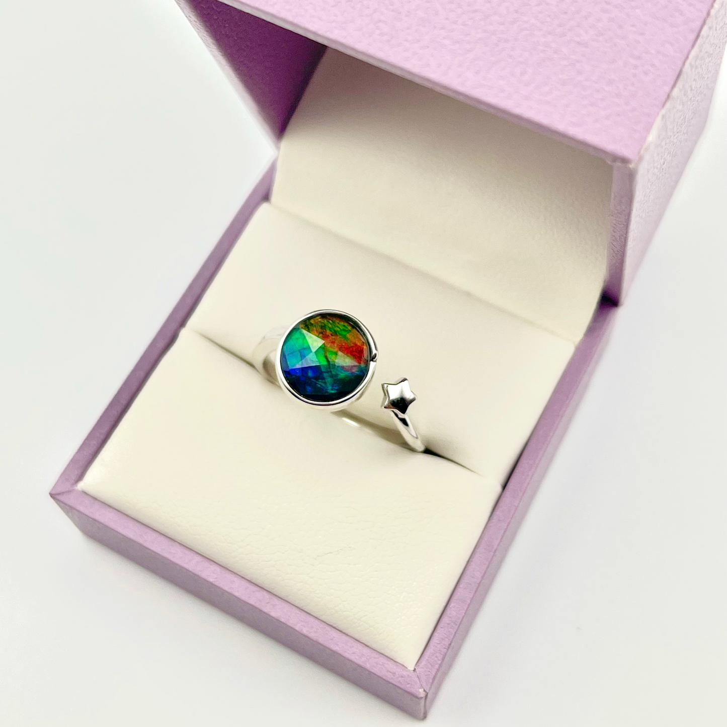Sterling Silver Faceted Ammolite Star Ring – Adjustable Open Band – 9x9mm Blue Green Red Gem – Canadian Free Size Jewelry