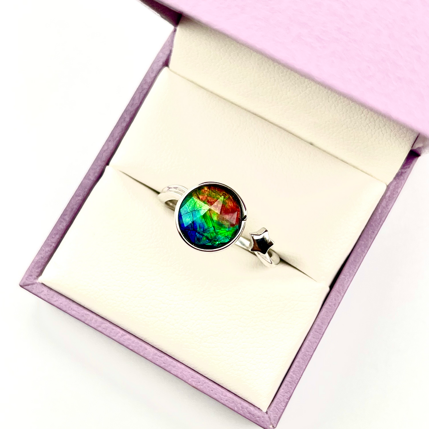 Sterling Silver Faceted Ammolite Star Ring – Adjustable Open Band – 9x9mm Blue Green Red Gem – Canadian Free Size Jewelry