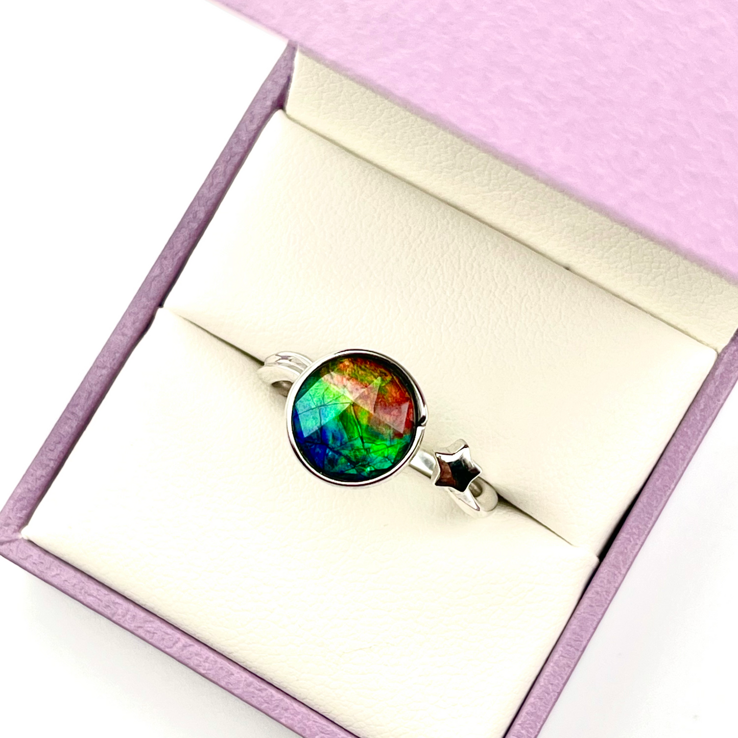 Sterling Silver Faceted Ammolite Star Ring – Adjustable Open Band – 9x9mm Blue Green Red Gem – Canadian Free Size Jewelry