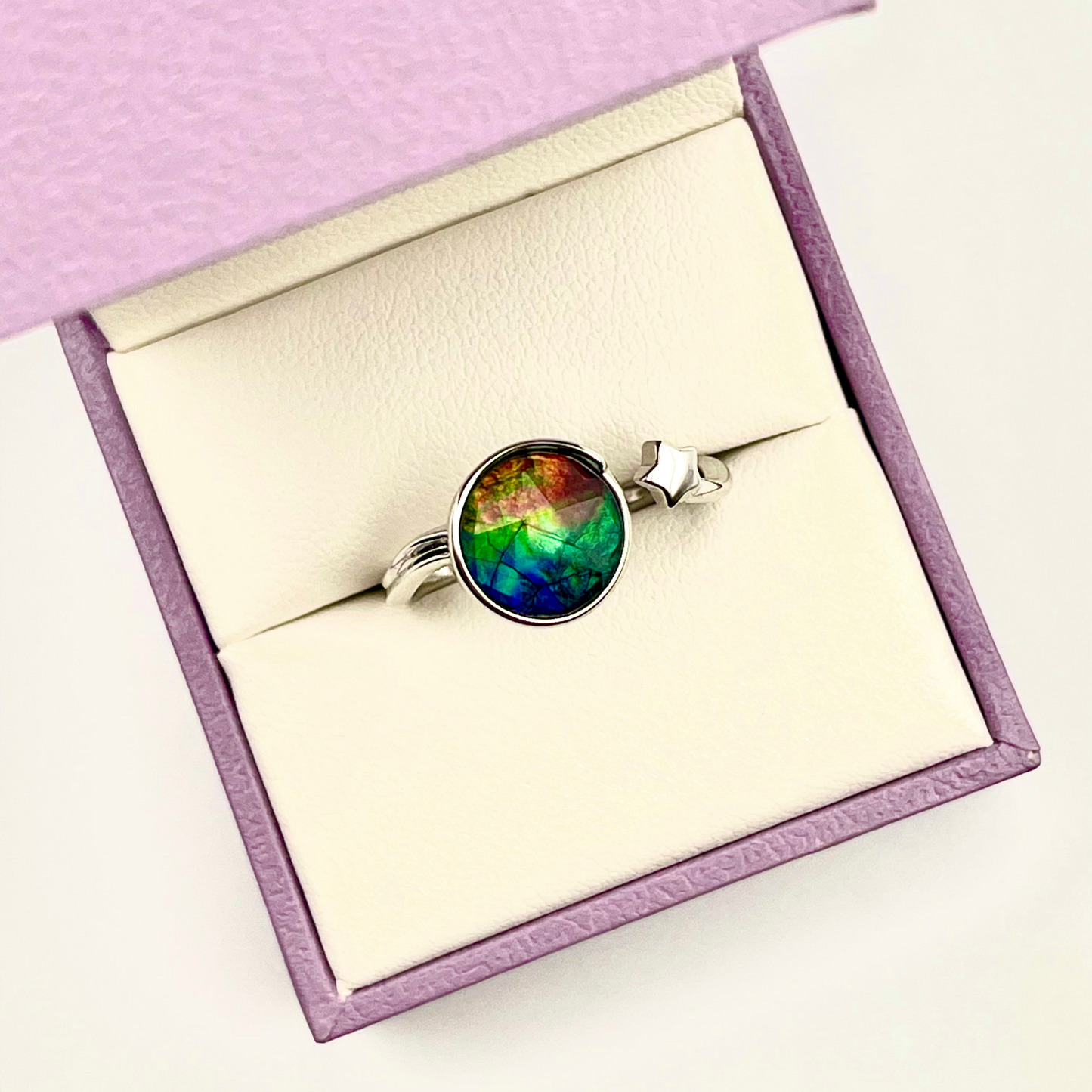 Sterling Silver Faceted Ammolite Star Ring – Adjustable Open Band – 9x9mm Blue Green Red Gem – Canadian Free Size Jewelry
