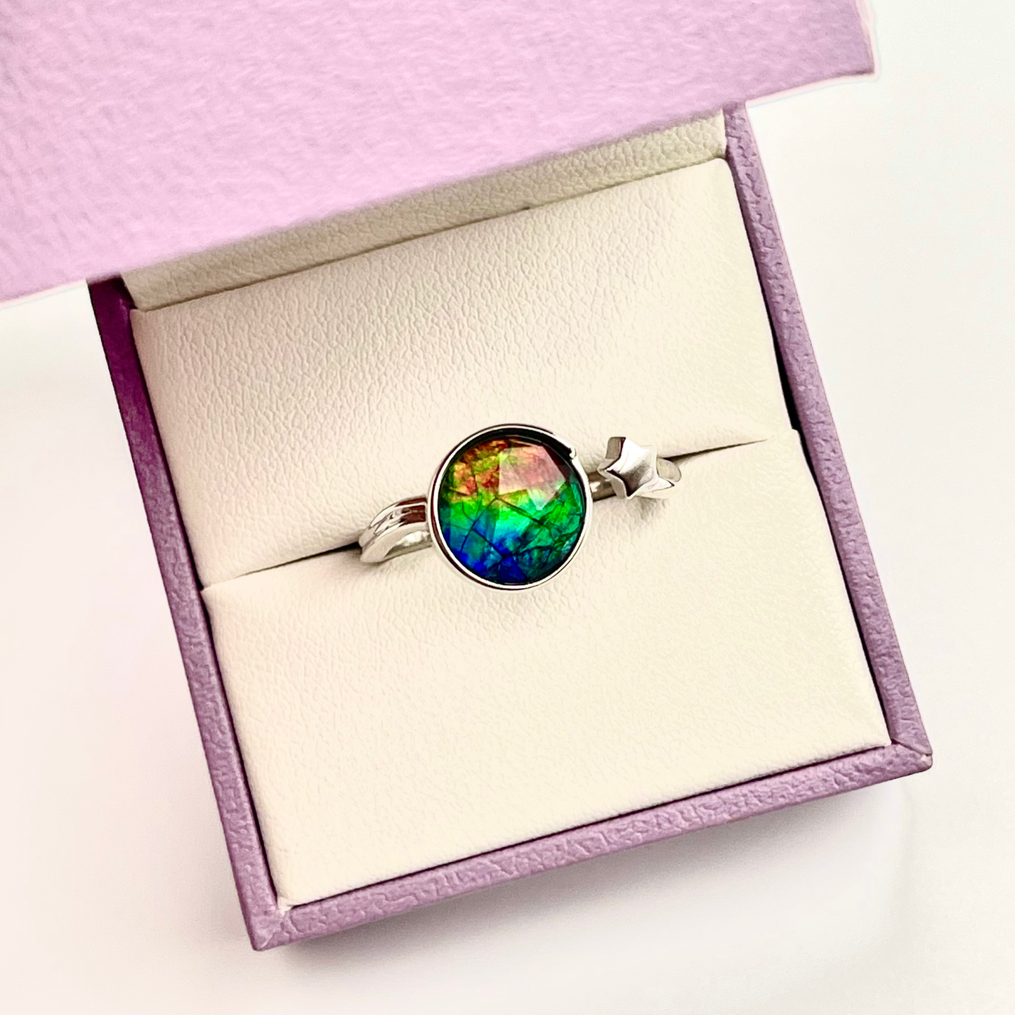 Sterling Silver Faceted Ammolite Star Ring – Adjustable Open Band – 9x9mm Blue Green Red Gem – Canadian Free Size Jewelry