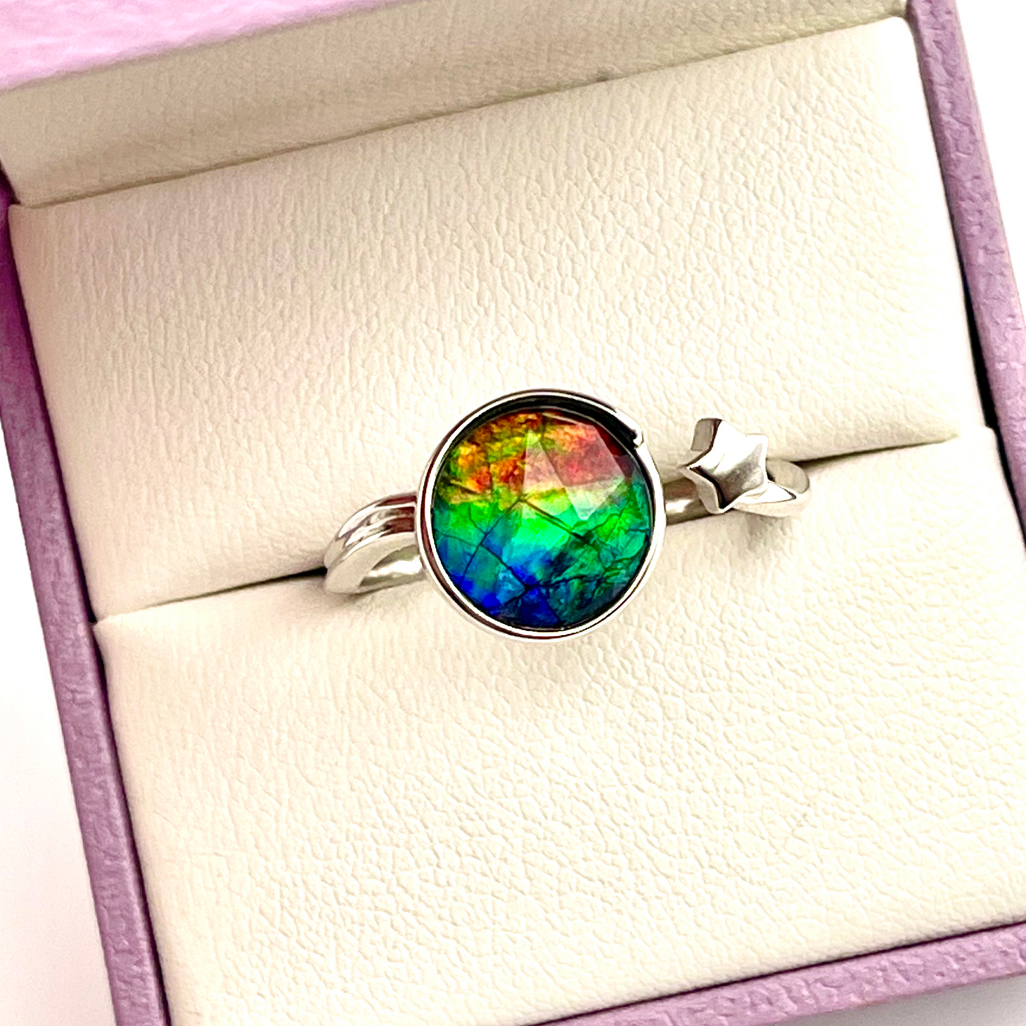 Sterling Silver Faceted Ammolite Star Ring – Adjustable Open Band – 9x9mm Blue Green Red Gem – Canadian Free Size Jewelry