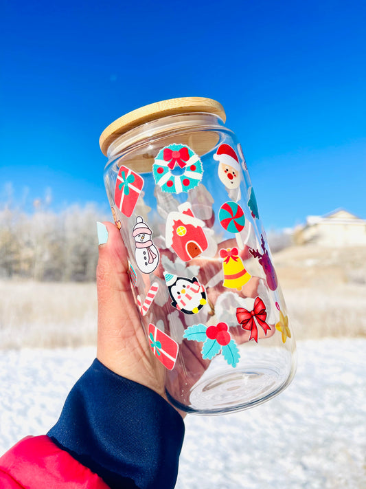 Christmassy Christmas Iced Coffee Glass Mug with Bamboo Lid and Straw 16oz