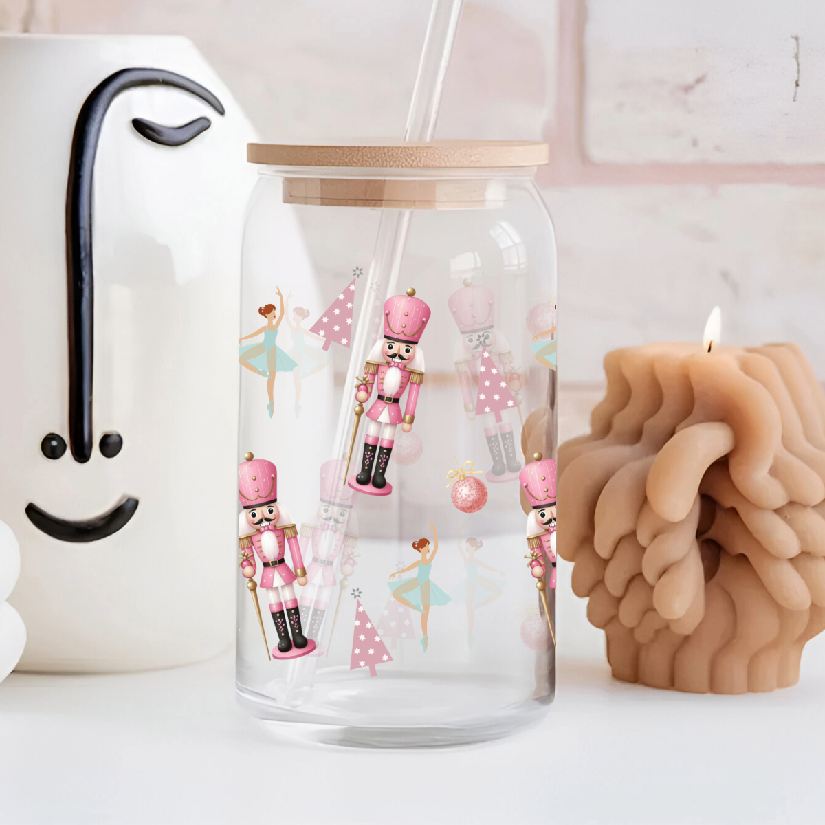 Nutcracker 16oz Iced Coffee Glass Mug with Bamboo Lid and Straw