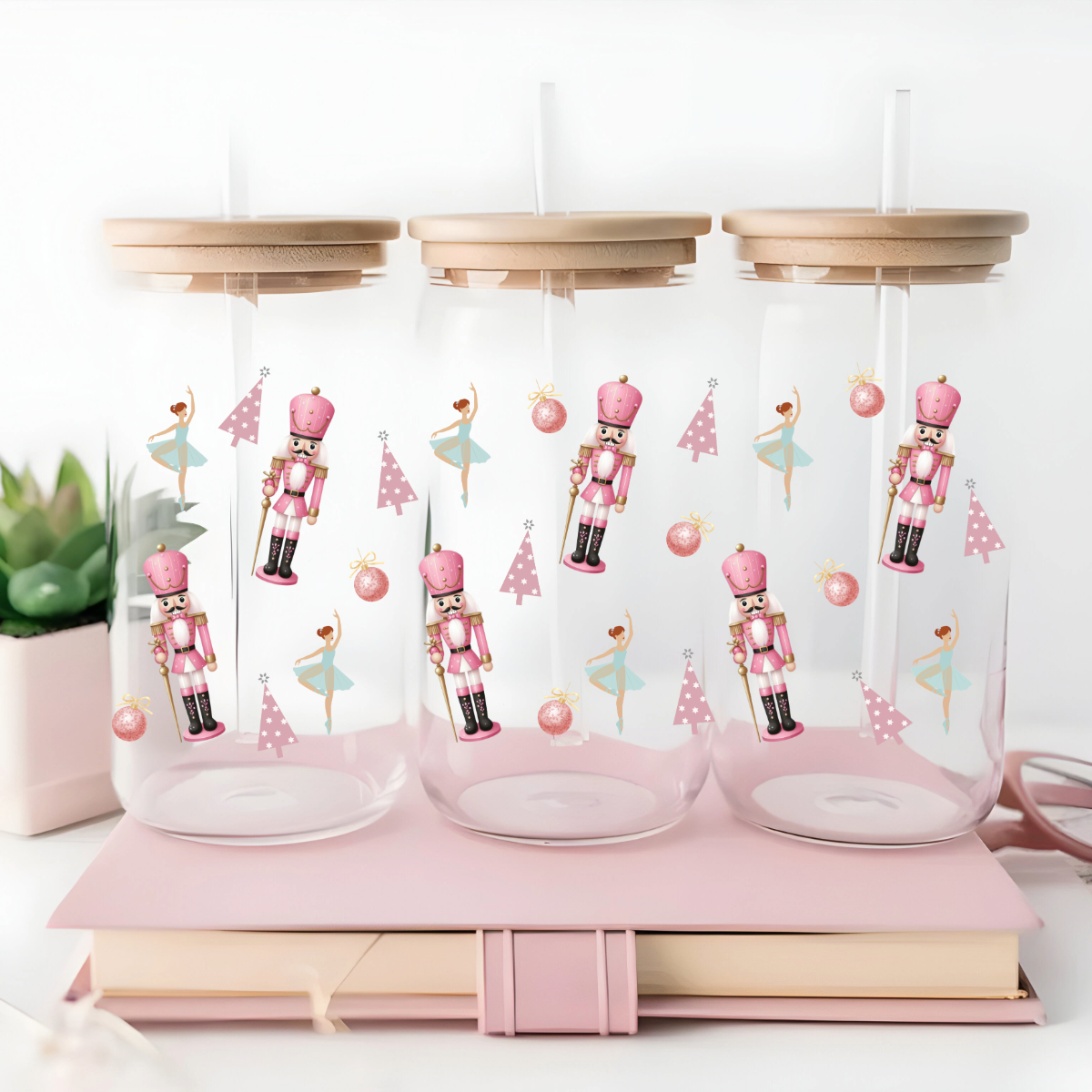 Nutcracker 16oz Iced Coffee Glass Mug with Bamboo Lid and Straw