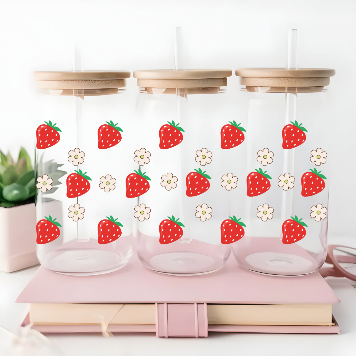 Red Strawberry and Flowers 16oz Iced Coffee Mug with Bamboo Lid and Straw