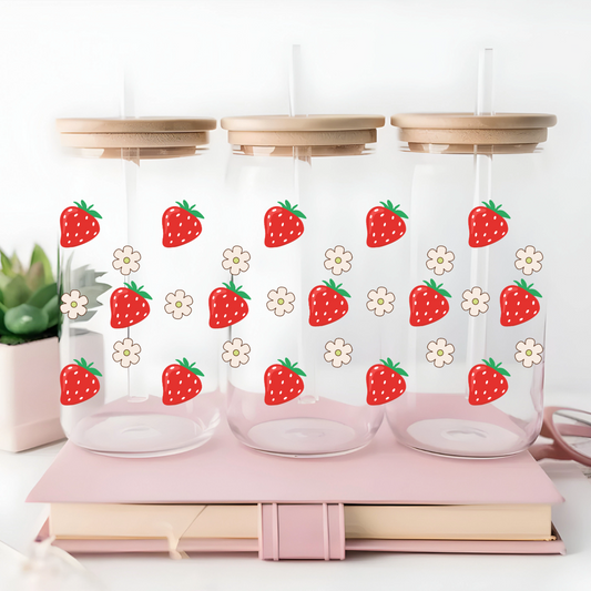 Red Strawberry and Flowers 16oz Iced Coffee Mug with Bamboo Lid and Straw