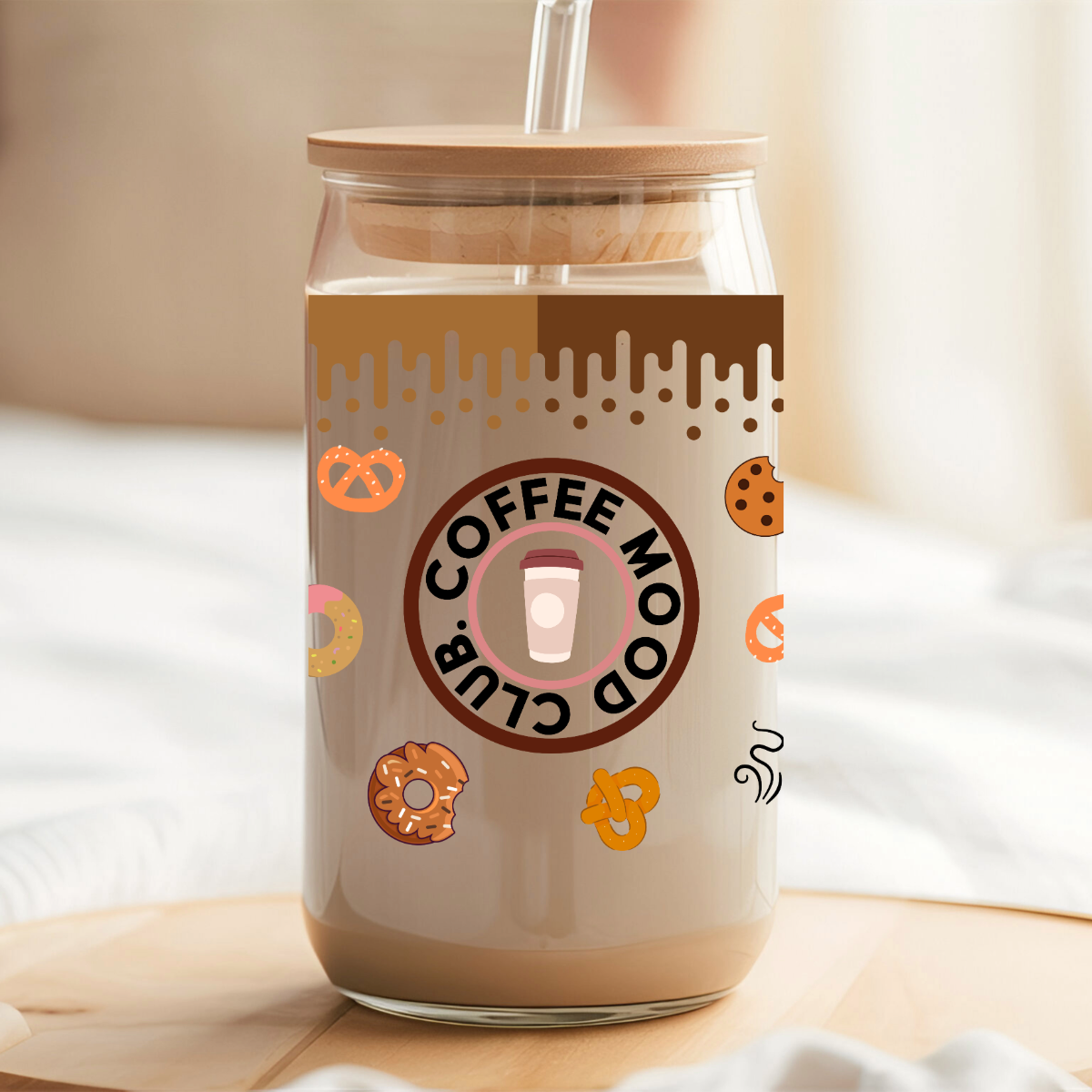 Coffee Mood Club 16oz Iced Coffee Mug with Bamboo Lid and Straw