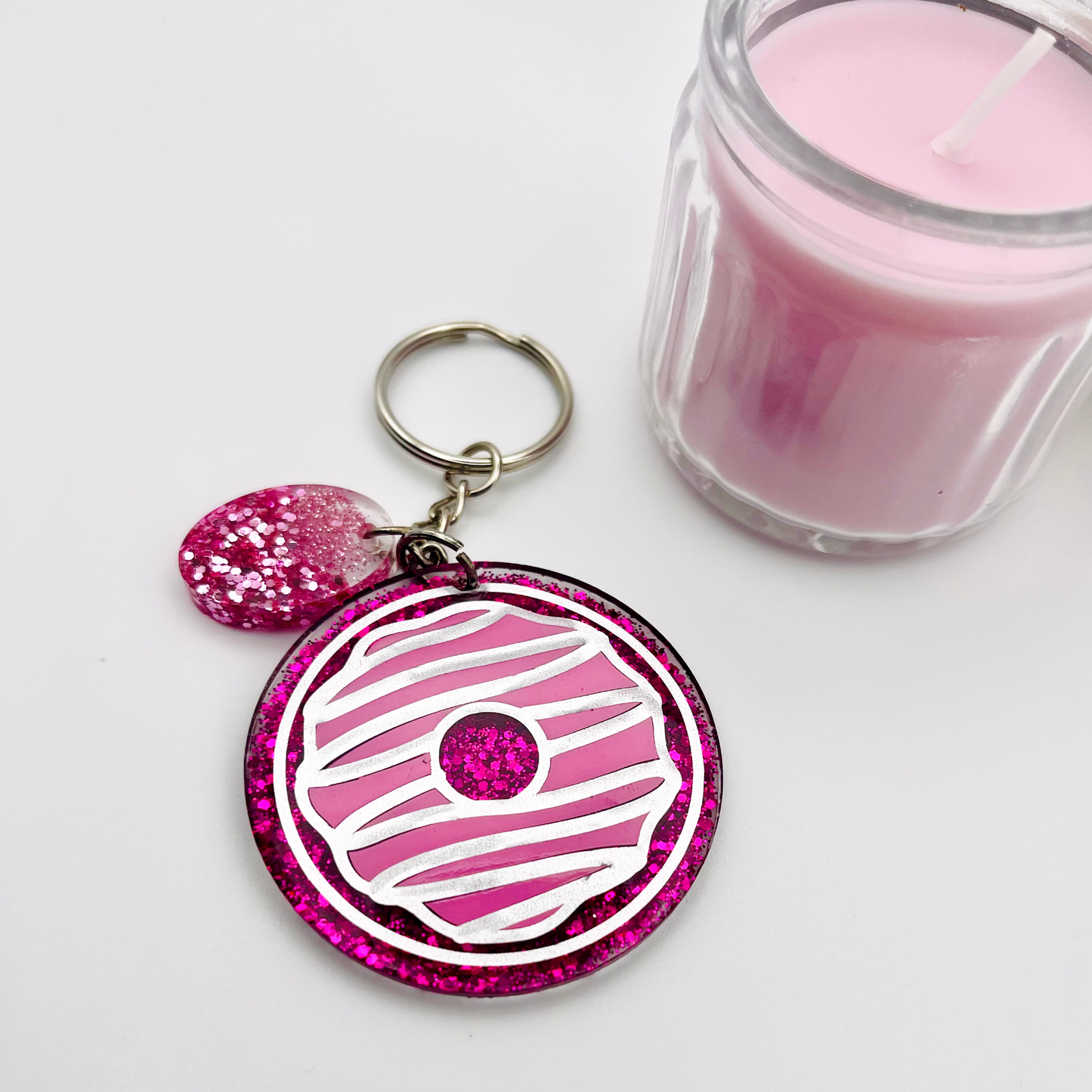 Pink Glitter Donut Acrylic Resin Handmade Keychain – Sweet & Sparkly Fun!