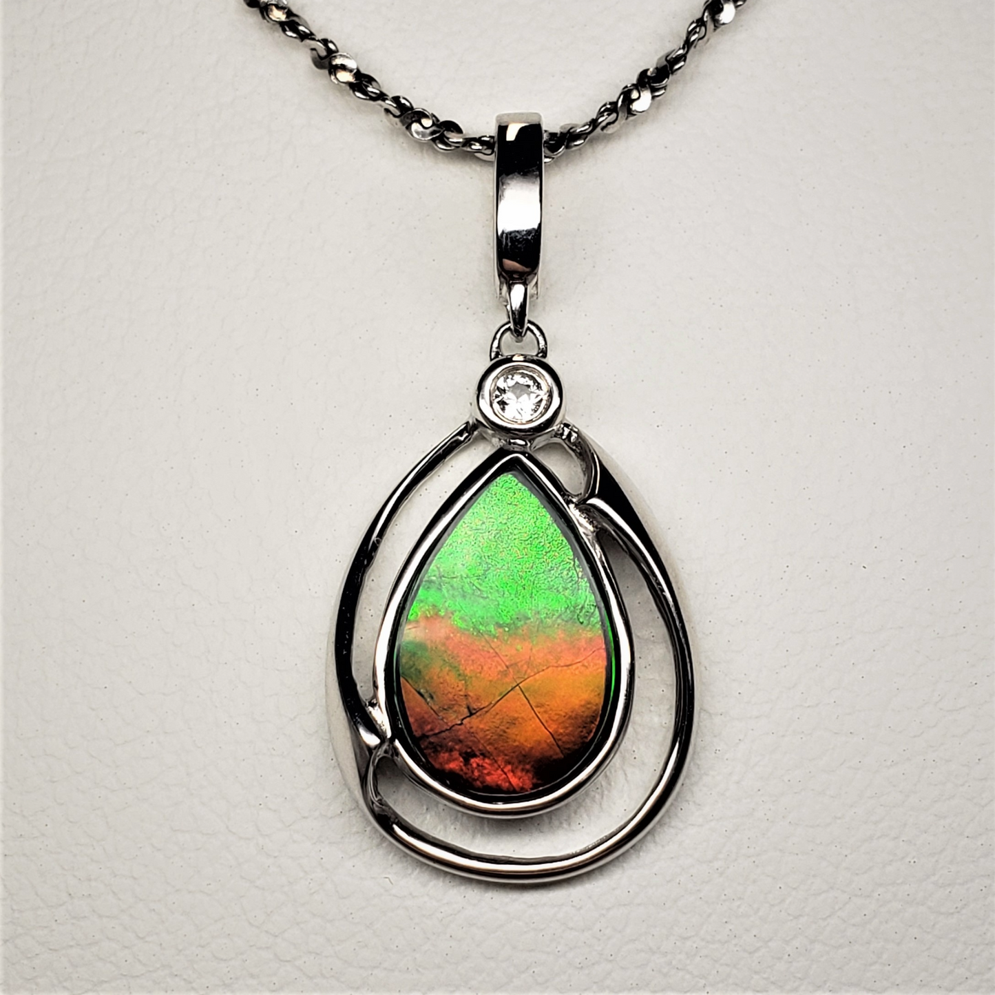 Sterling Silver Teardrop Ammolite 13x20mm Pendant – 9x13mm Green & Orange Gem with White Sapphire Accent