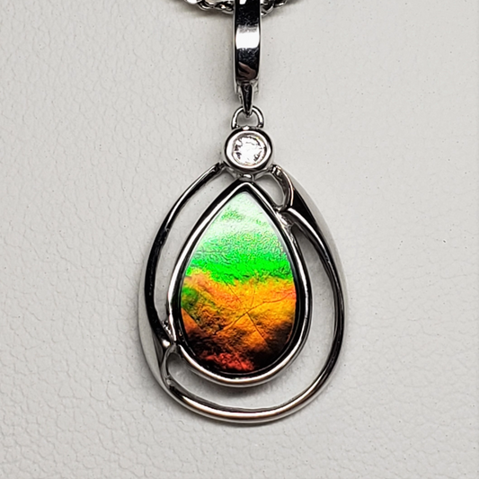 Sterling Silver Teardrop Ammolite 13x20mm Pendant – 9x13mm Green & Orange Gem with White Sapphire Accent