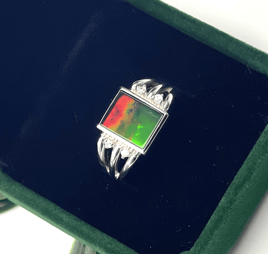 Luxury Sterling Silver Ammolite Ring – US Size 8 – 9x11mm Rectangular Red & Green Gem with Four White Sapphires
