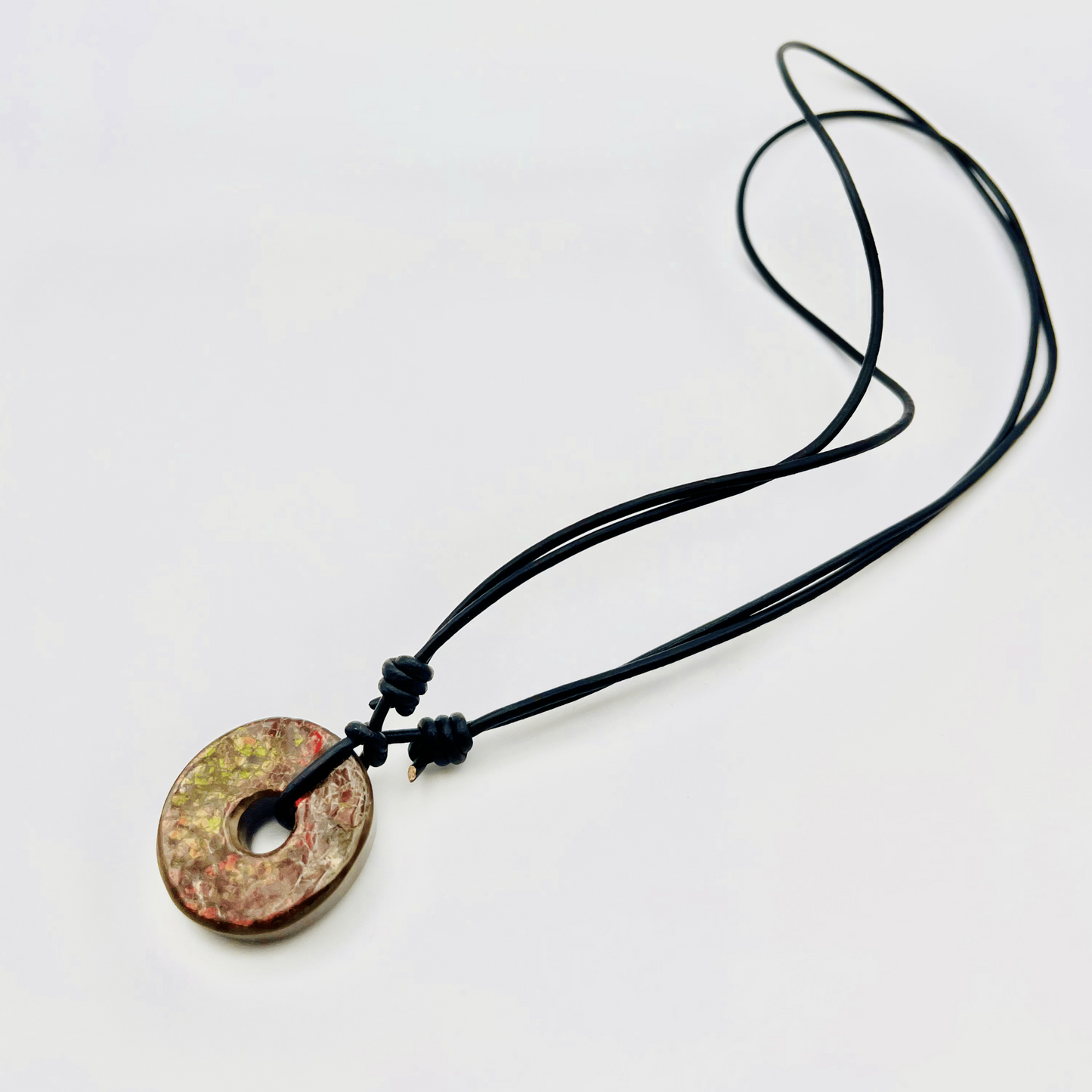 Deep Green & Red 30x30mm Donut Ammolite "Canada’s Opal" Gemstone with Sliding Black Leather Cord Necklace