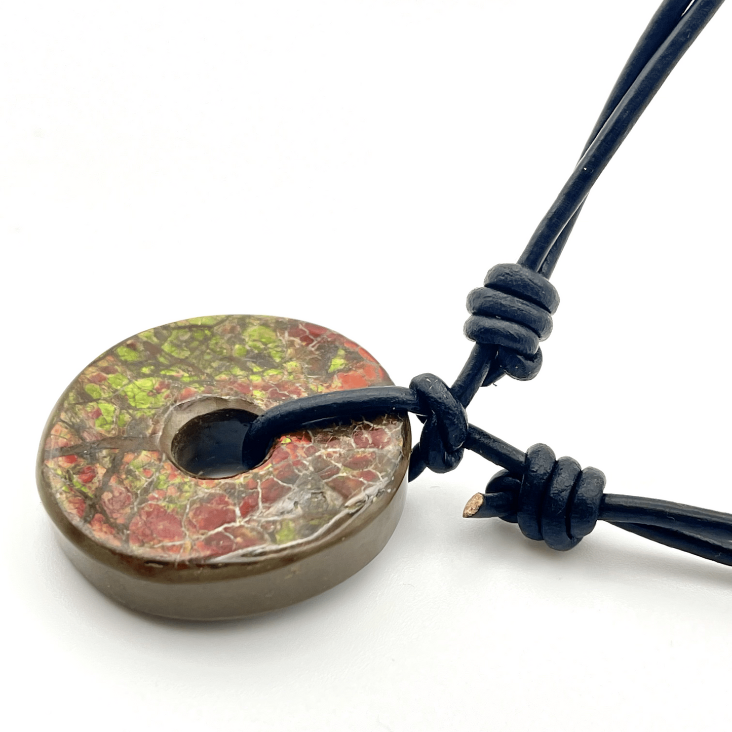 Deep Green & Red 30x30mm Donut Ammolite "Canada’s Opal" Gemstone with Sliding Black Leather Cord Necklace