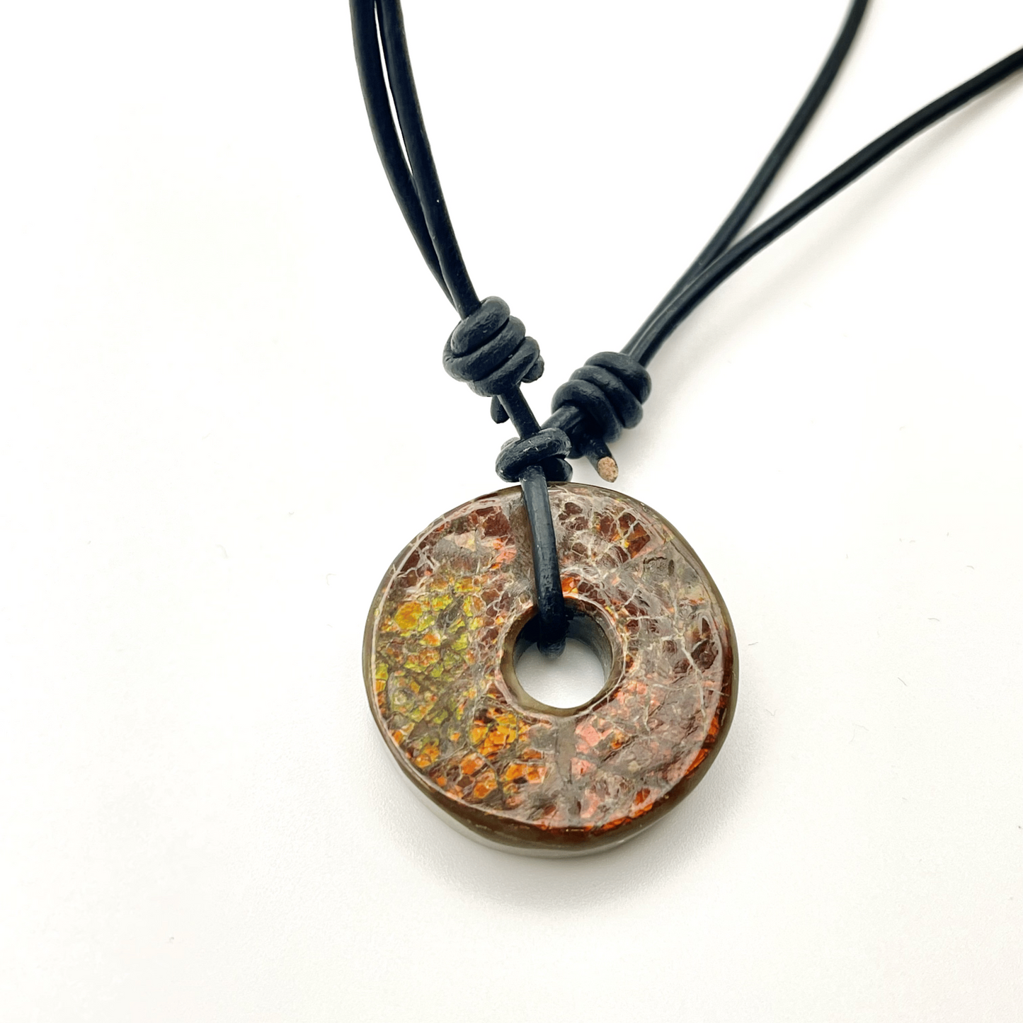 Deep Green & Red 30x30mm Donut Ammolite "Canada’s Opal" Gemstone with Sliding Black Leather Cord Necklace