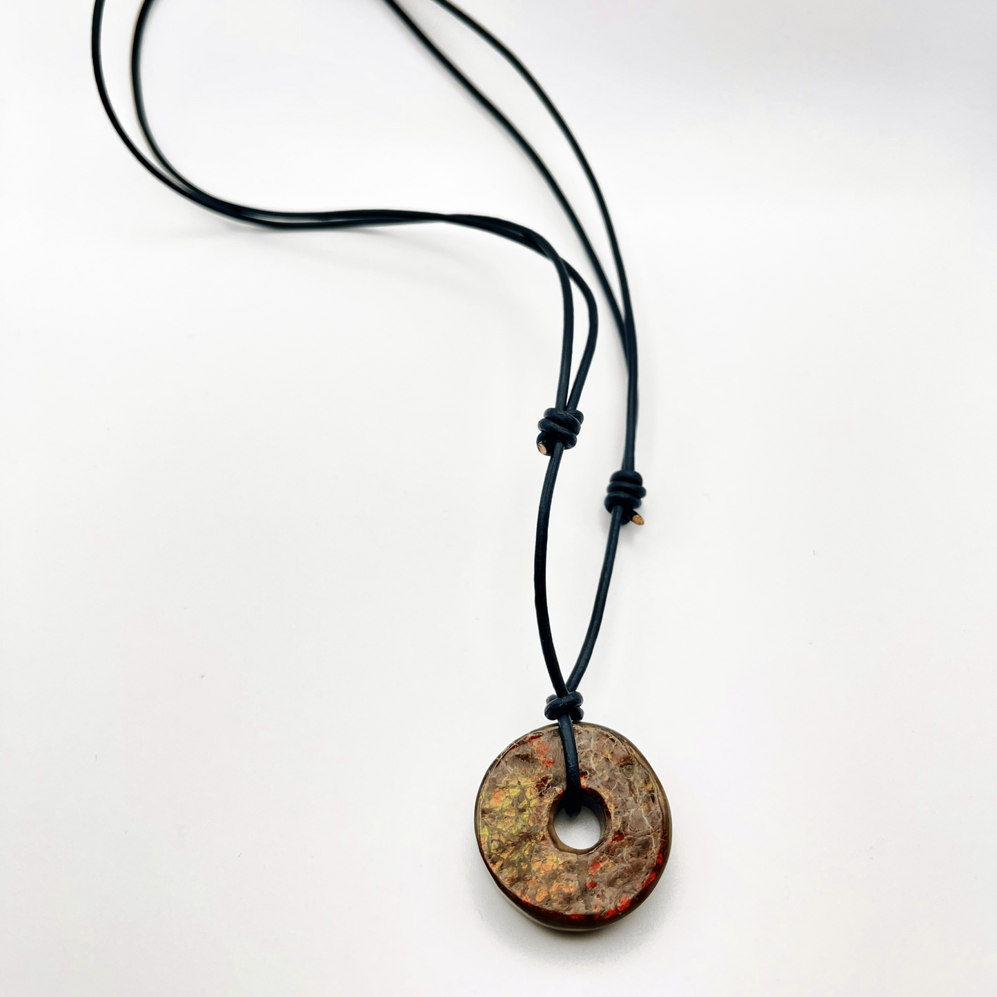 Deep Green & Red 30x30mm Donut Ammolite "Canada’s Opal" Gemstone with Sliding Black Leather Cord Necklace