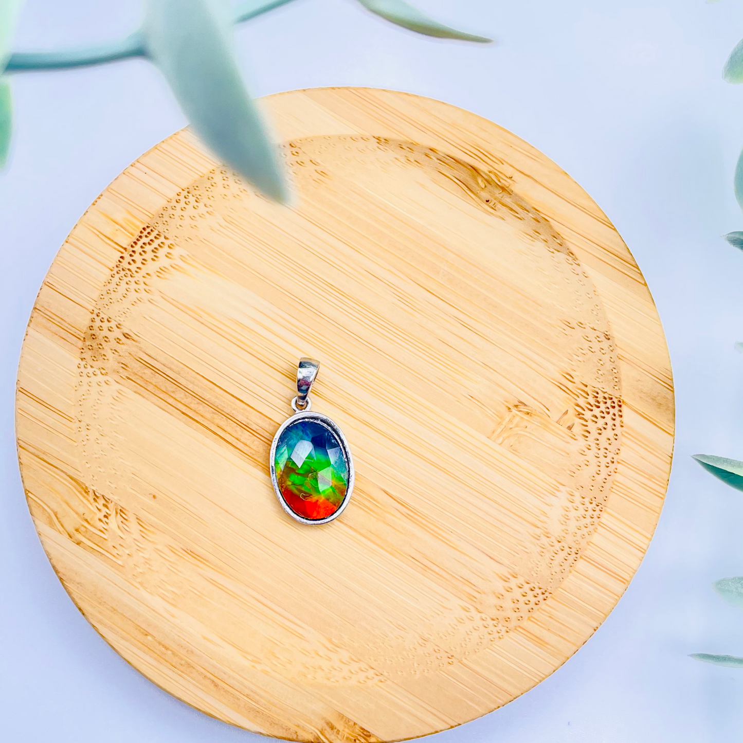 Faceted Oval AA Grade Ammolite Sterling Silver Pendant – Deep Blue, Green & Red 10x14mm Triplet Gem