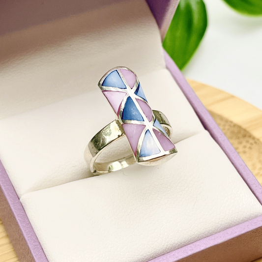 Sterling Silver Mother of Pearl Mosaic Ring Size 5 – Blue & Pink Geometric Inlay