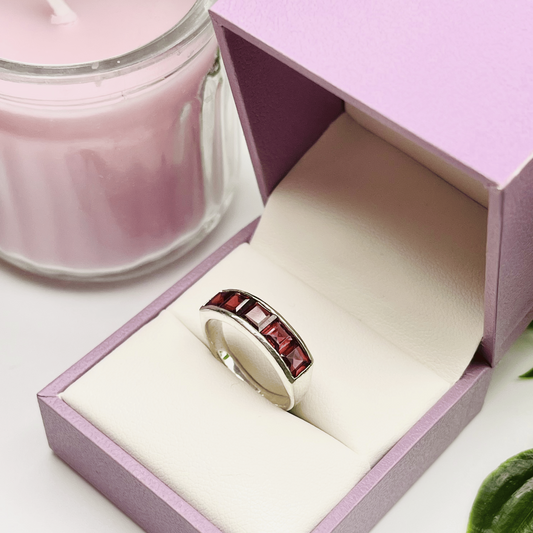 Sterling Silver Ring with 5 Emerald-Cut Red Garnet Stones – US Size 6