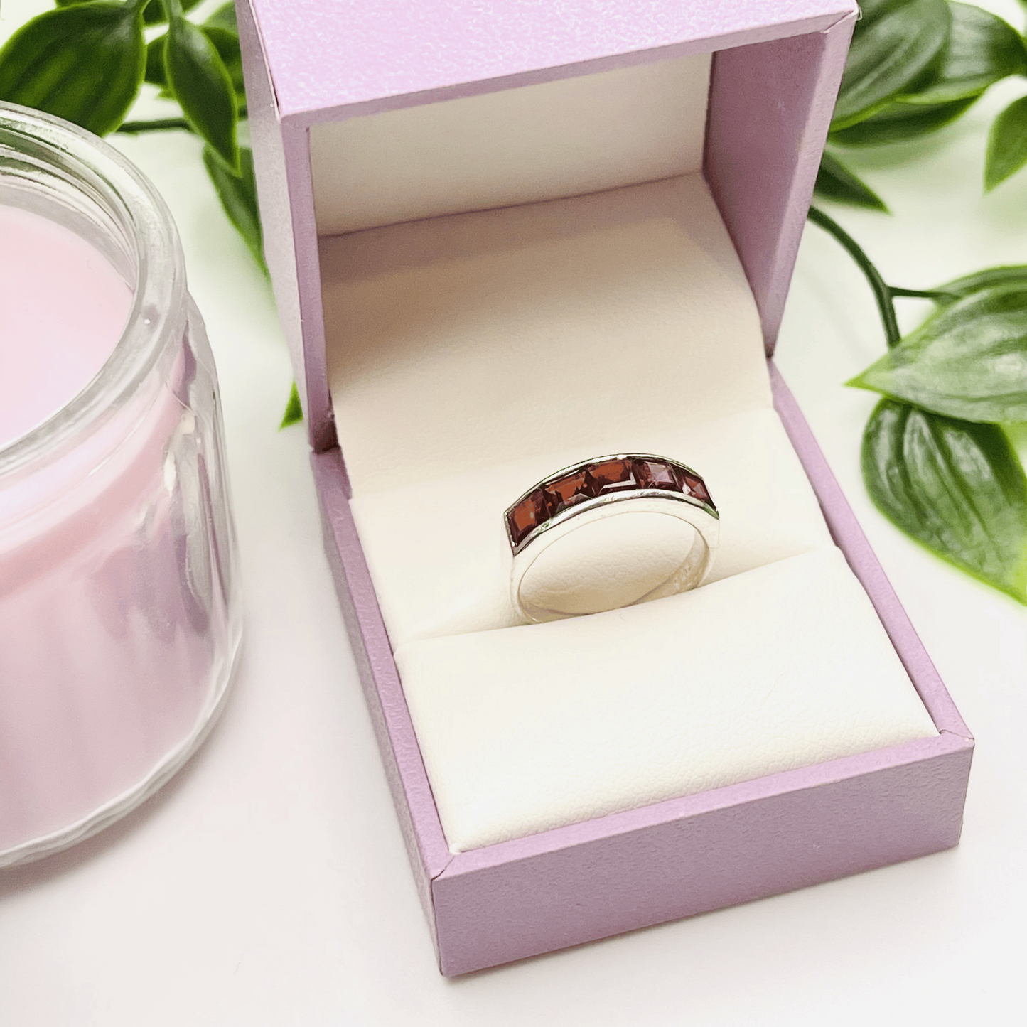 Sterling Silver Ring with 5 Emerald-Cut Red Garnet Stones – US Size 6