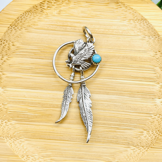 Sterling Silver Navajo Eagle Turquoise Pendant with Dangling Feathers – A Symbol of Strength & Freedom