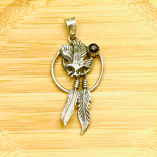 Sterling Silver Navajo Eagle Black Onyx Pendant with Dangling Feathers