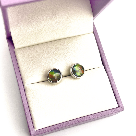 Dragon Skin Ammolite Stud Earrings 6x6mm – Red, Green & Blue in Sterling Silver – Canadian Gemstone Jewelry Gift