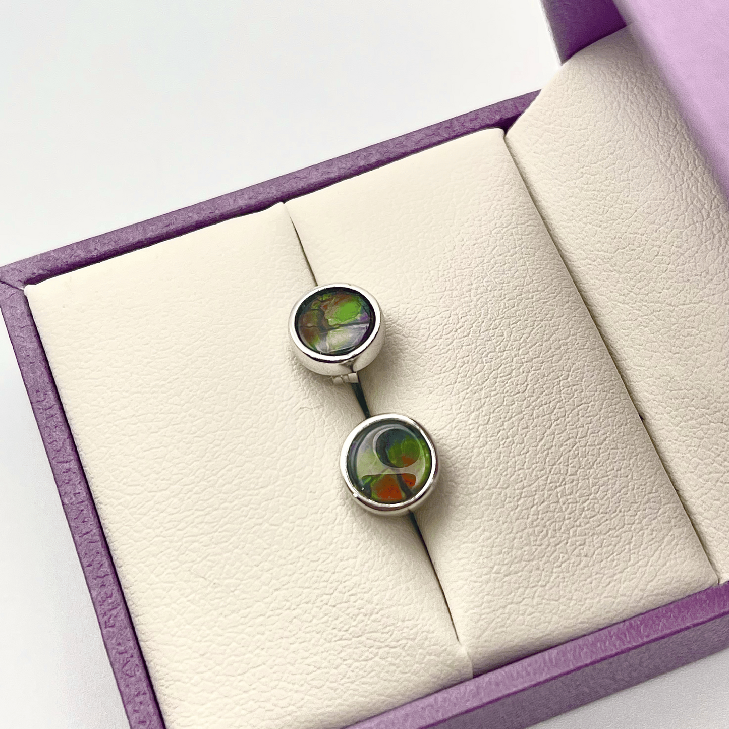 Dragon Skin Ammolite Stud Earrings 6x6mm – Red, Green & Blue in Sterling Silver – Canadian Gemstone Jewelry Gift