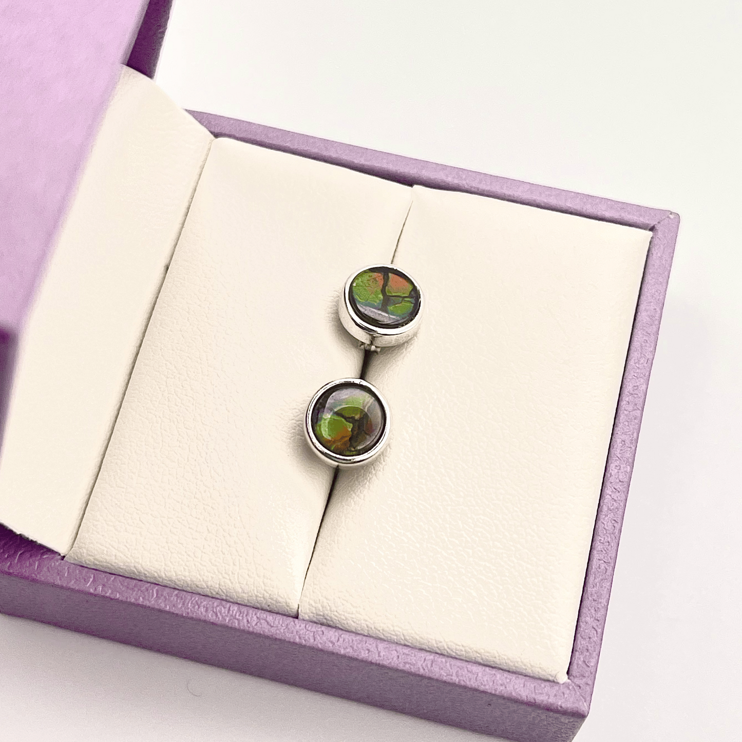 Dragon Skin Ammolite Stud Earrings 6x6mm – Red, Green & Blue in Sterling Silver – Canadian Gemstone Jewelry Gift