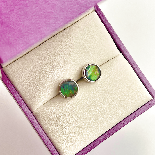 Ammolite Stud Earrings – 6x6mm Round Sterling Silver Gold Green Blue Canada’s Opal