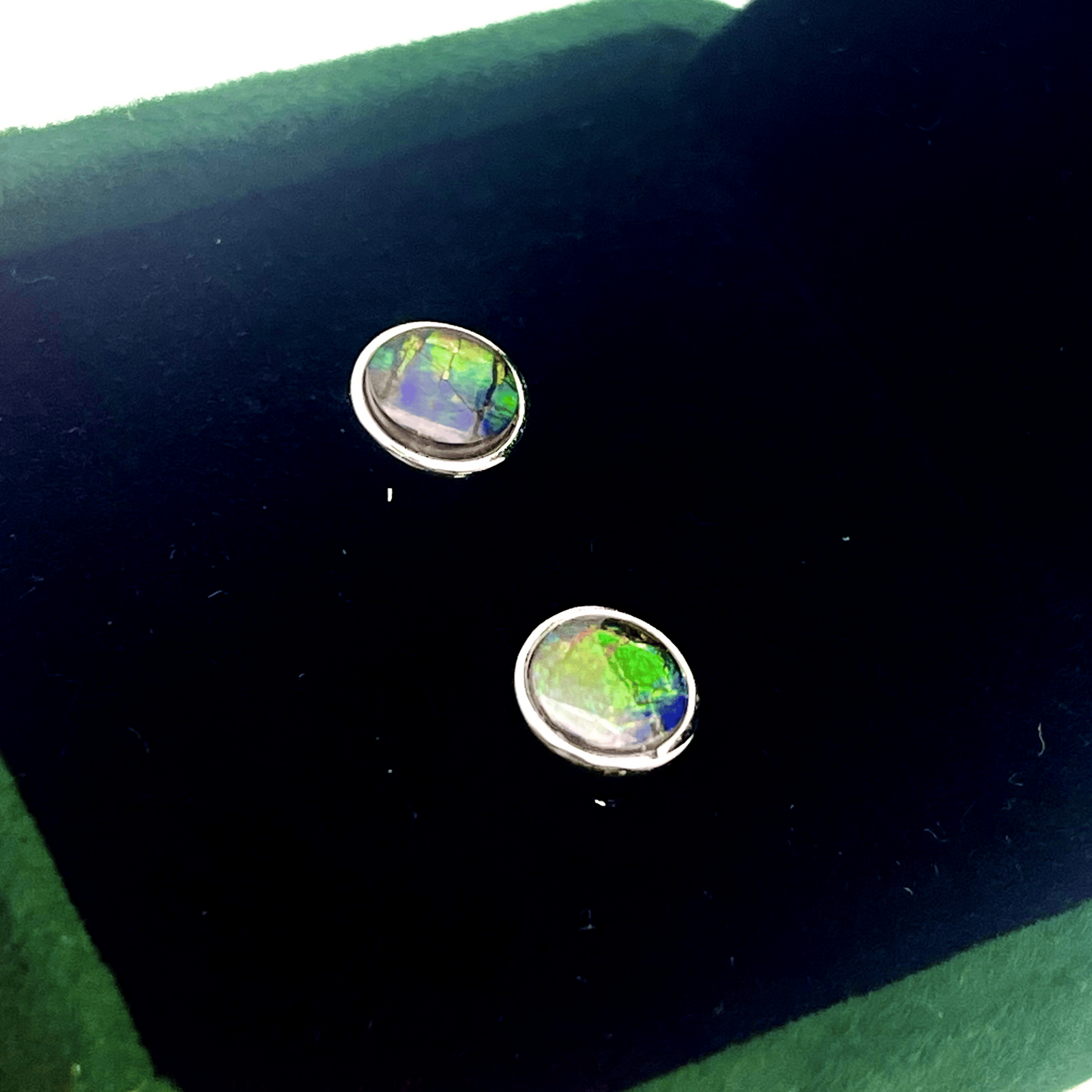 Ammolite Stud Earrings – 6x6mm Round Sterling Silver Gold Green Blue Canada’s Opal