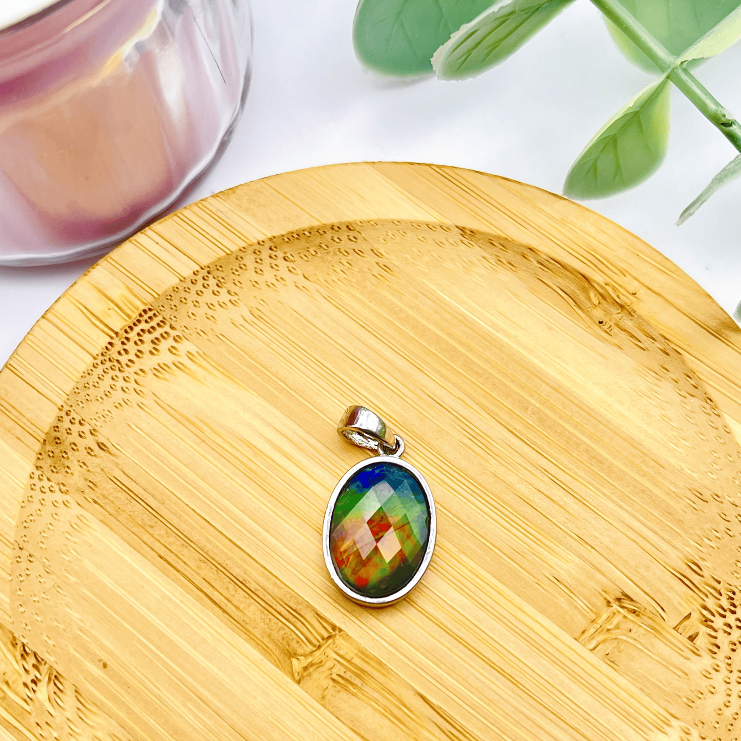 Faceted Oval AA Grade Ammolite Sterling Silver Pendant – Blue, Green & Hints of Red-Orange 10x14mm Triplet Gem