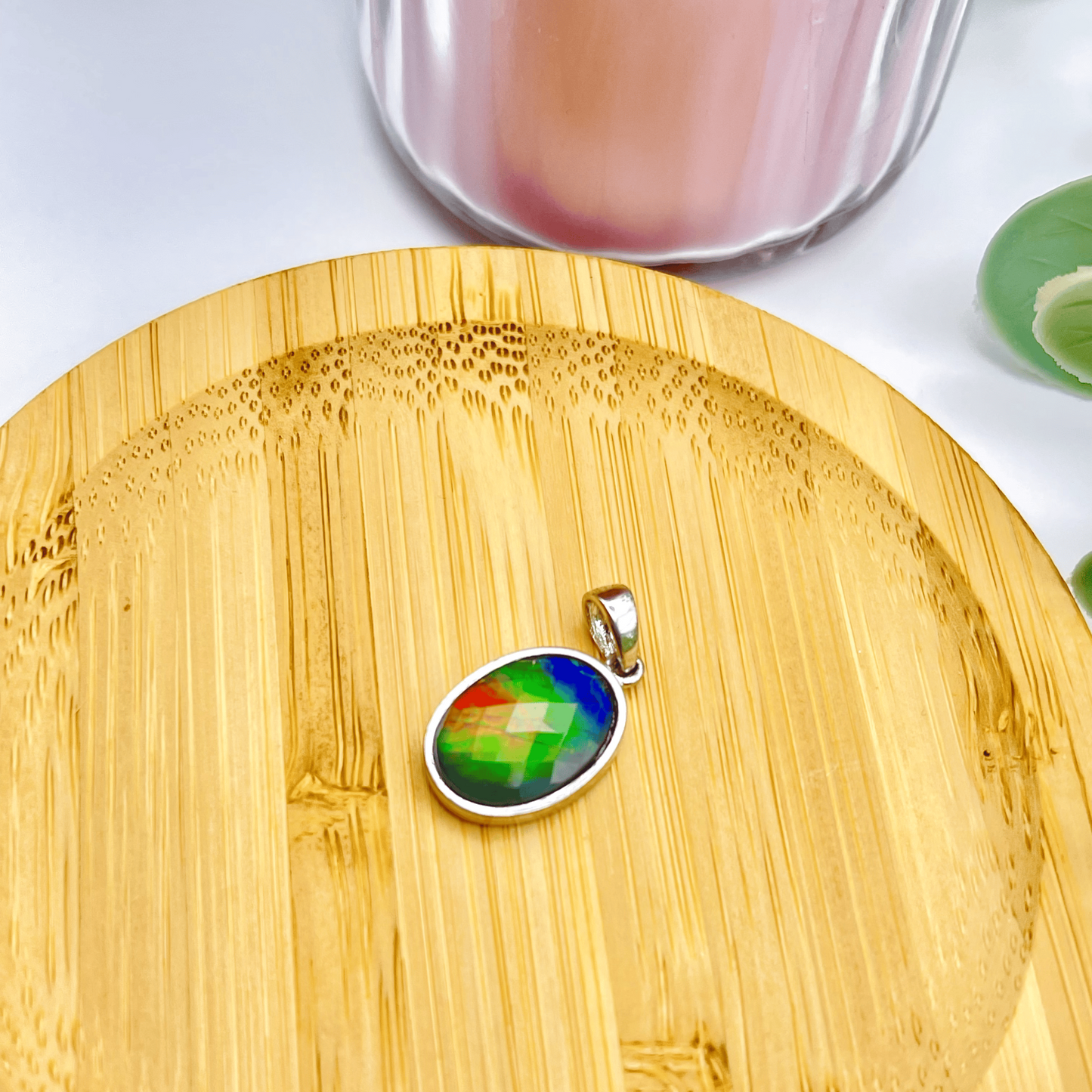 Faceted Oval AA Grade Ammolite Sterling Silver Pendant – Blue, Green & Hints of Red-Orange 10x14mm Triplet Gem