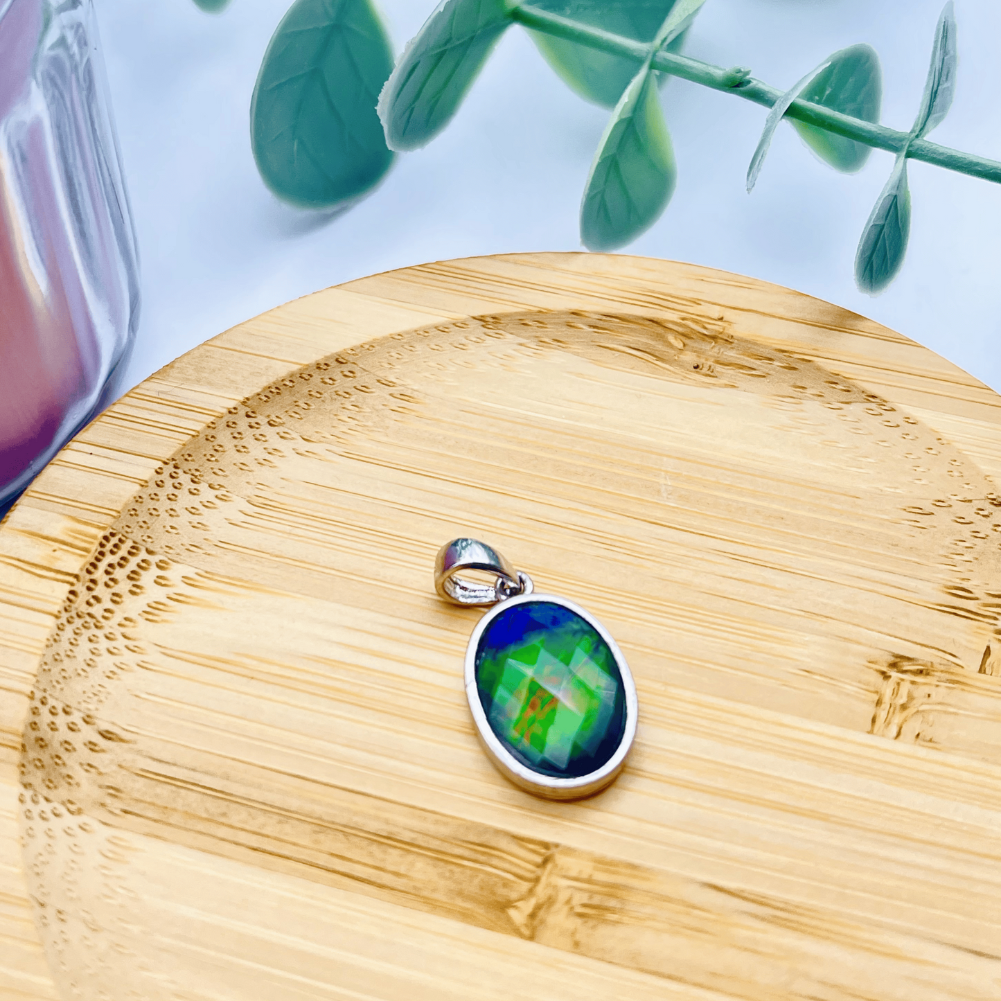 Faceted Oval AA Grade Ammolite Sterling Silver Pendant – Blue, Green & Hints of Red-Orange 10x14mm Triplet Gem
