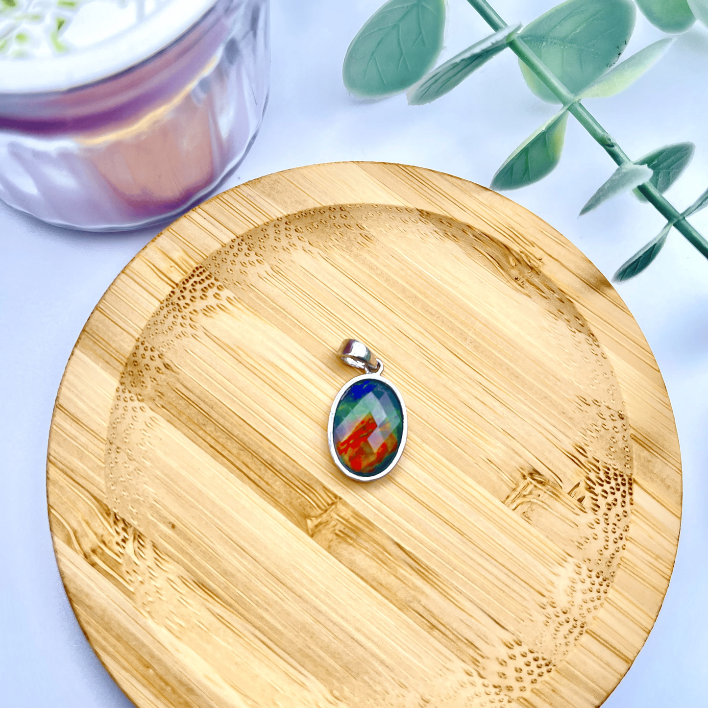 Faceted Oval AA Grade Ammolite Sterling Silver Pendant – Blue, Green & Hints of Red-Orange 10x14mm Triplet Gem