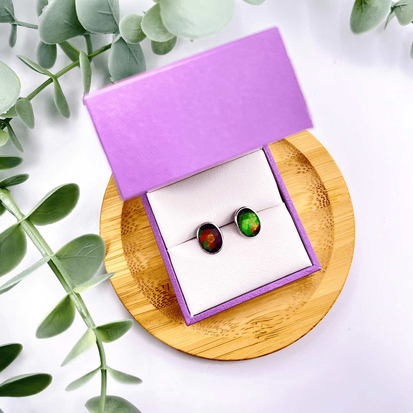 Luxury Ammolite Faceted Oval Red, Green, Orange Gemstone Studs in Sterling Silver