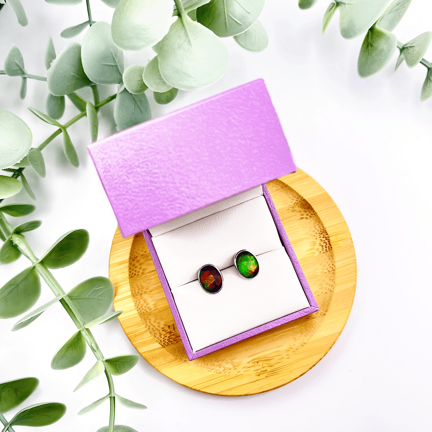 Luxury Ammolite Faceted Oval Red, Green, Orange Gemstone Studs in Sterling Silver