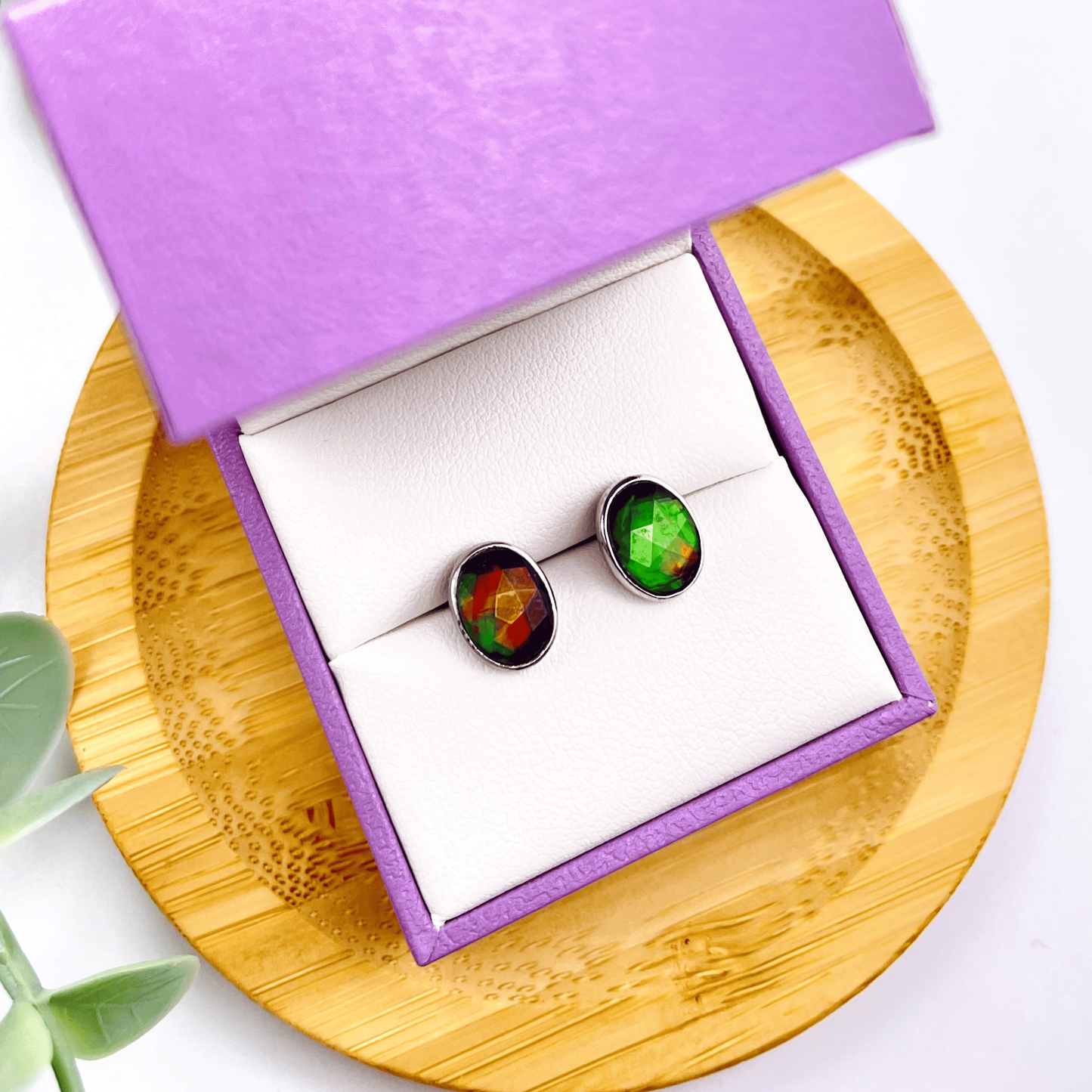 Luxury Ammolite Faceted Oval Red, Green, Orange Gemstone Studs in Sterling Silver