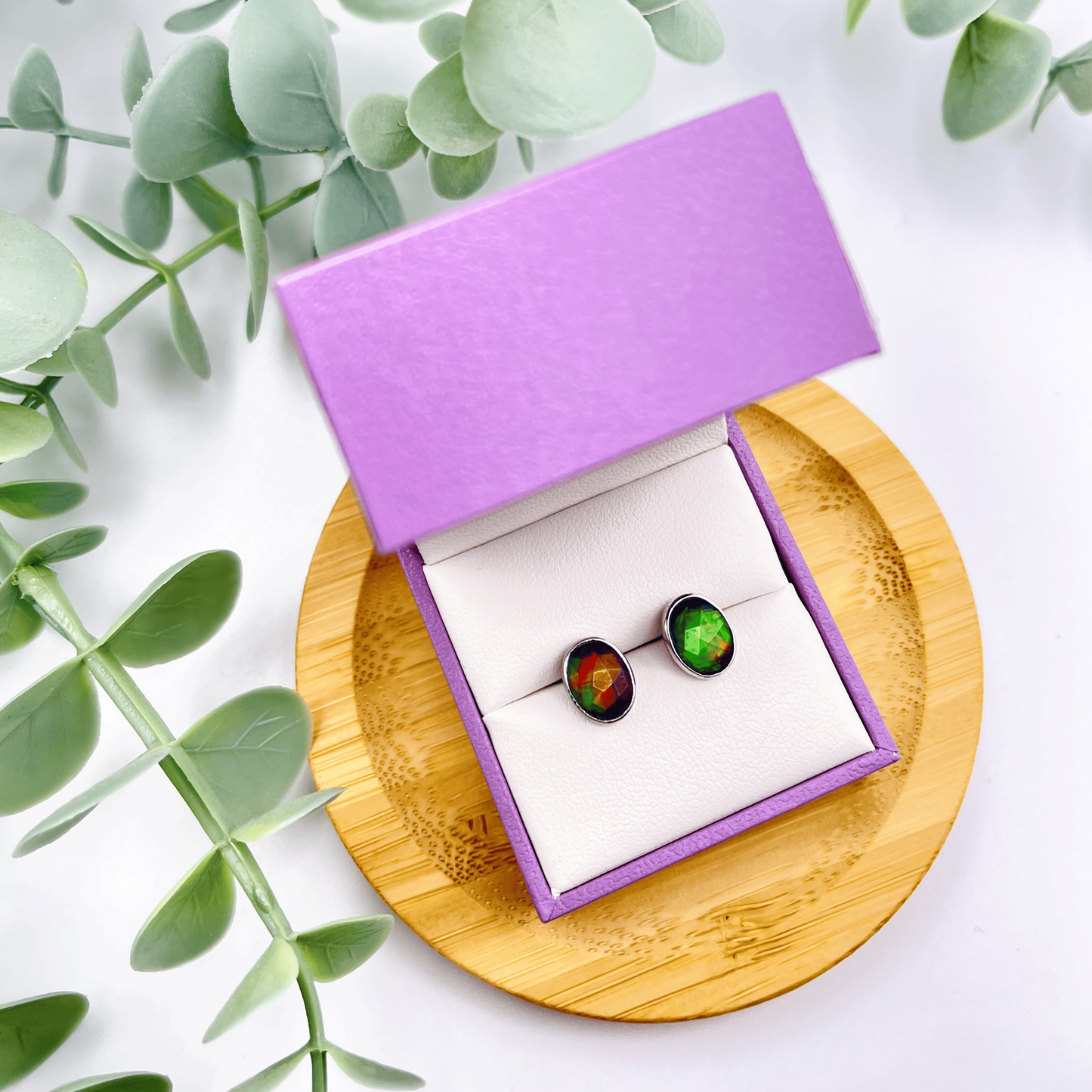 Luxury Ammolite Faceted Oval Red, Green, Orange Gemstone Studs in Sterling Silver