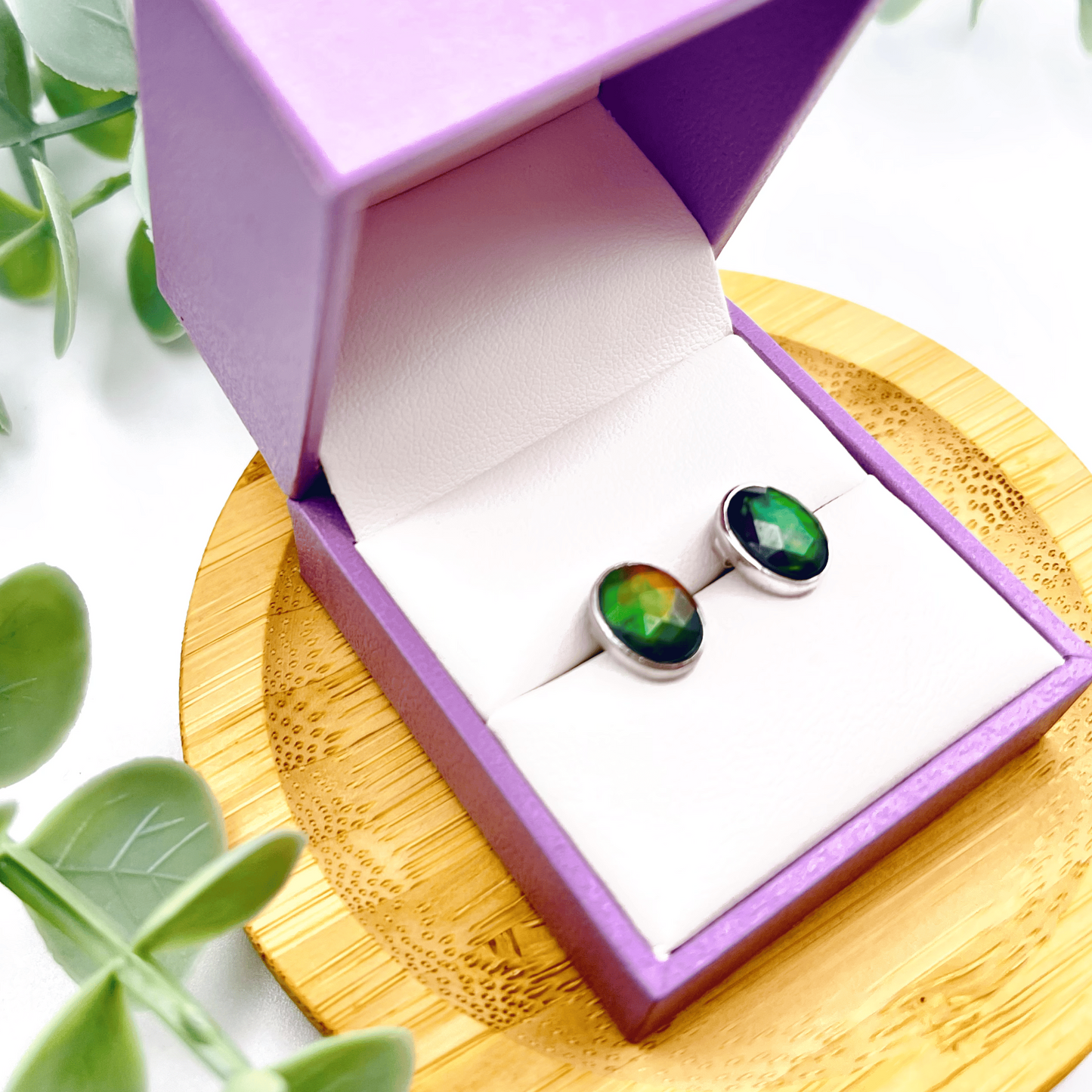 Luxury Ammolite Faceted Oval Red, Green, Orange Gemstone Studs in Sterling Silver