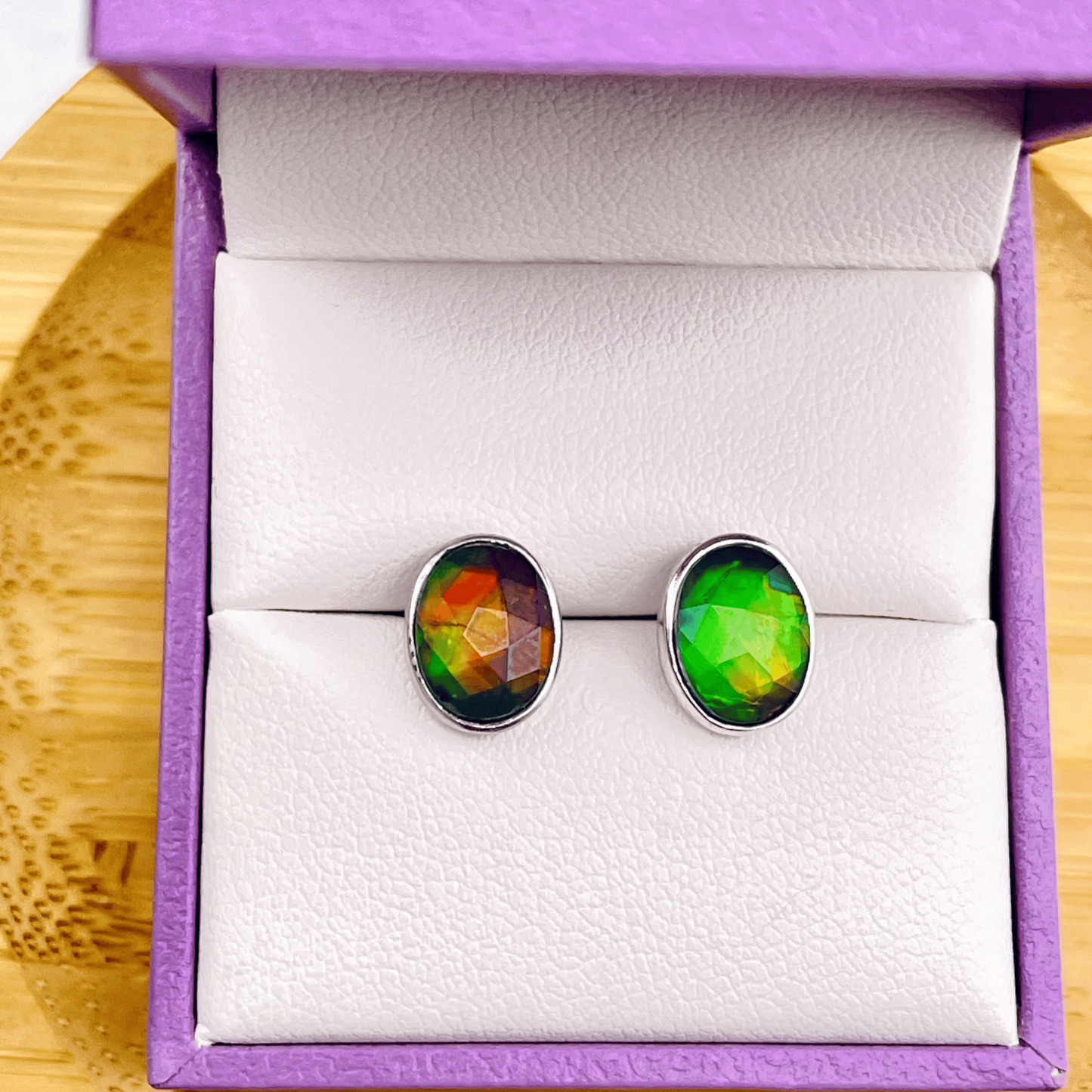 Luxury Ammolite Faceted Oval Red, Green, Orange Gemstone Studs in Sterling Silver
