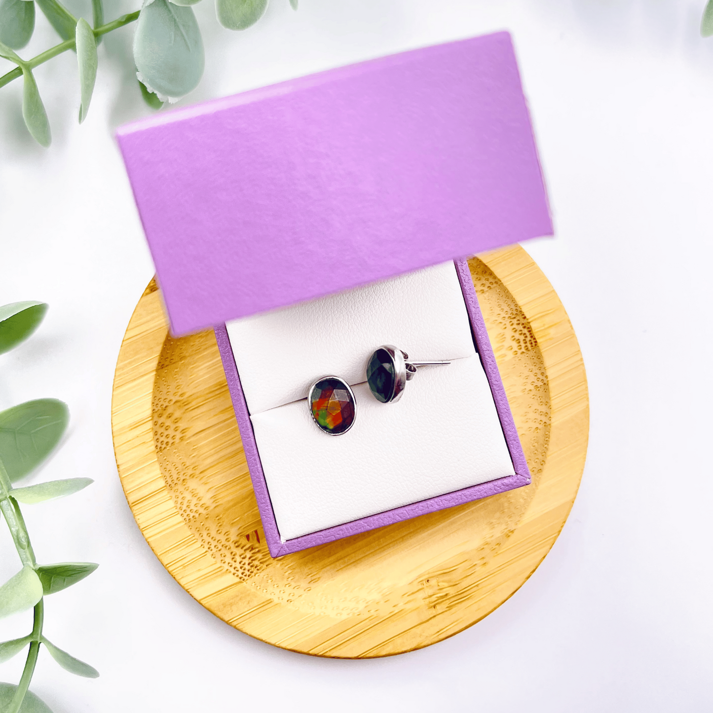 Luxury Ammolite Faceted Oval Red, Green, Orange Gemstone Studs in Sterling Silver