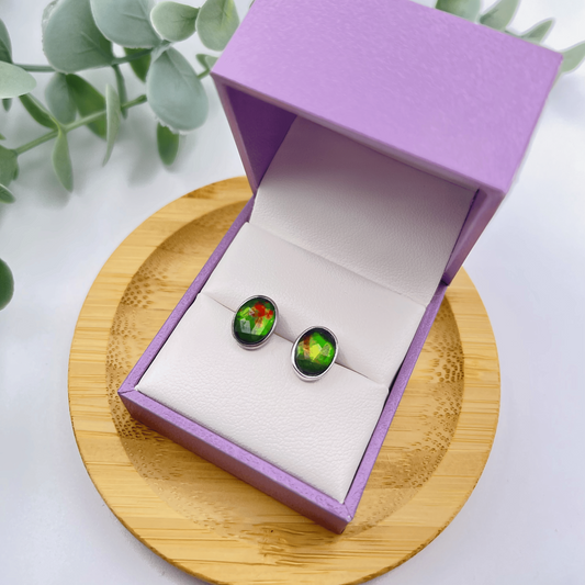 Ammolite Faceted Oval Gemstone Studs in Sterling Silver