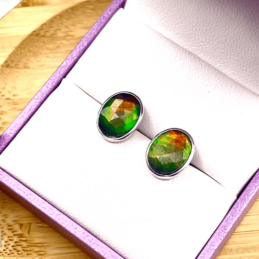 Ammolite Faceted Oval multicolor Gemstone Studs in Sterling Silver